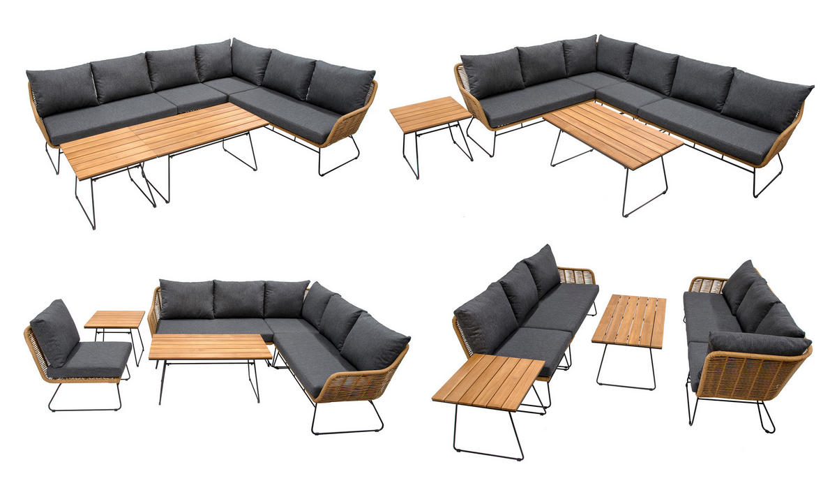 LOUNGE-SET Montreux Grau 6-Sitzer modular Polyrattan Teakholz - Grau, Kunststoff - bellavista - Home & Garden