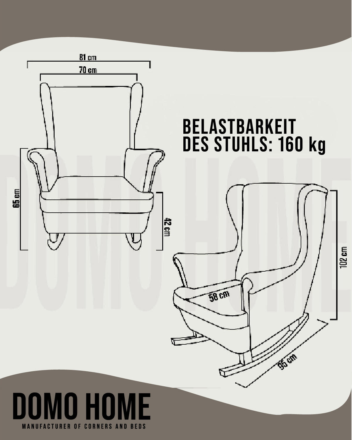 SCHAUKELSESSEL mit gepolstertem Sitz und Armlehnen, 102x81x95 cm, Braun_29844 - Graphitfarben/Weiß, Holz/Textil (81/102/95cm) - DomoHome