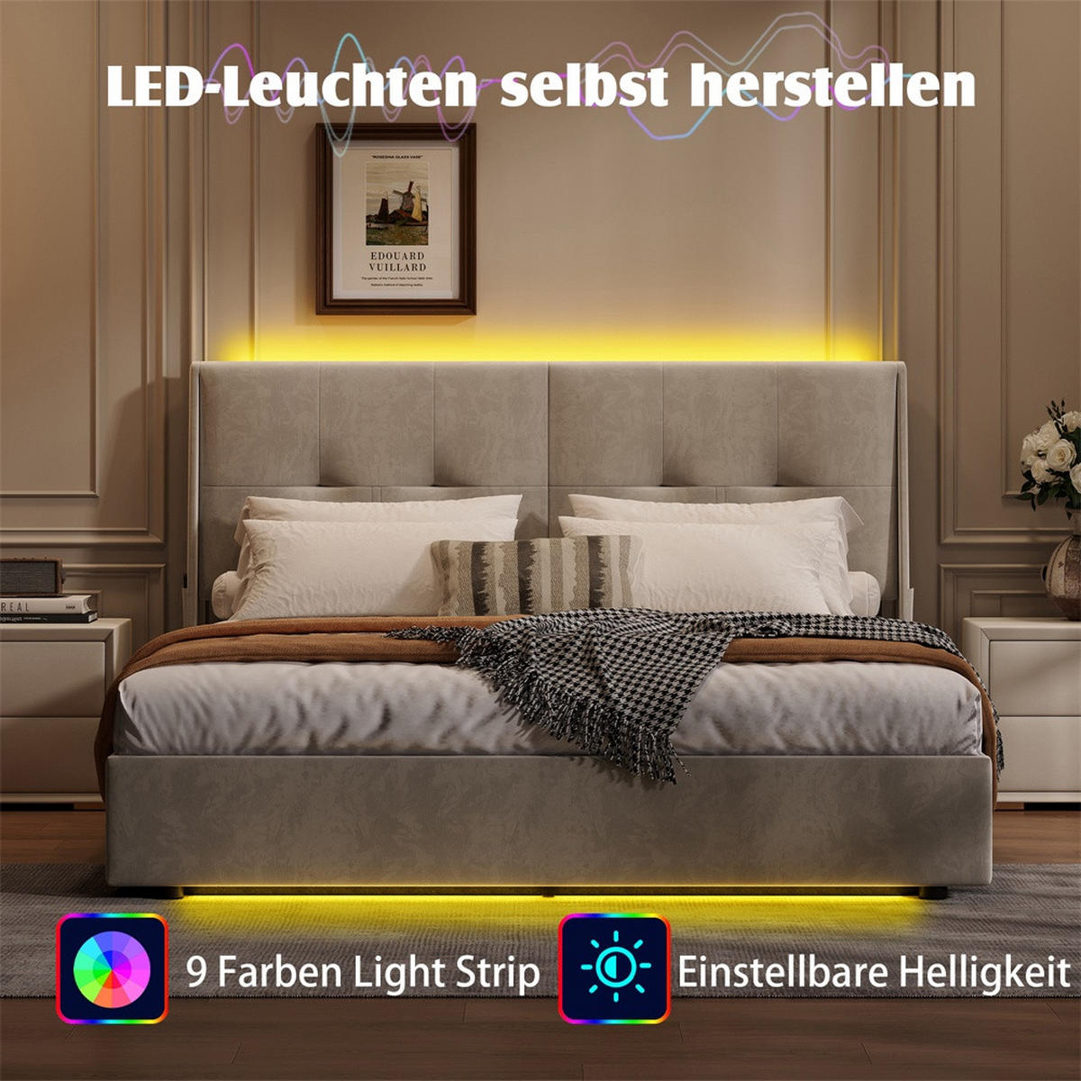 POLSTERBETT 160x200 cm - Hydraulisches Stauraumbett mit LED-Beleuchtung und praktischen Seitentaschen - ohne Matratze - Beige - Beige, Textil (160/200cm) - DELFA