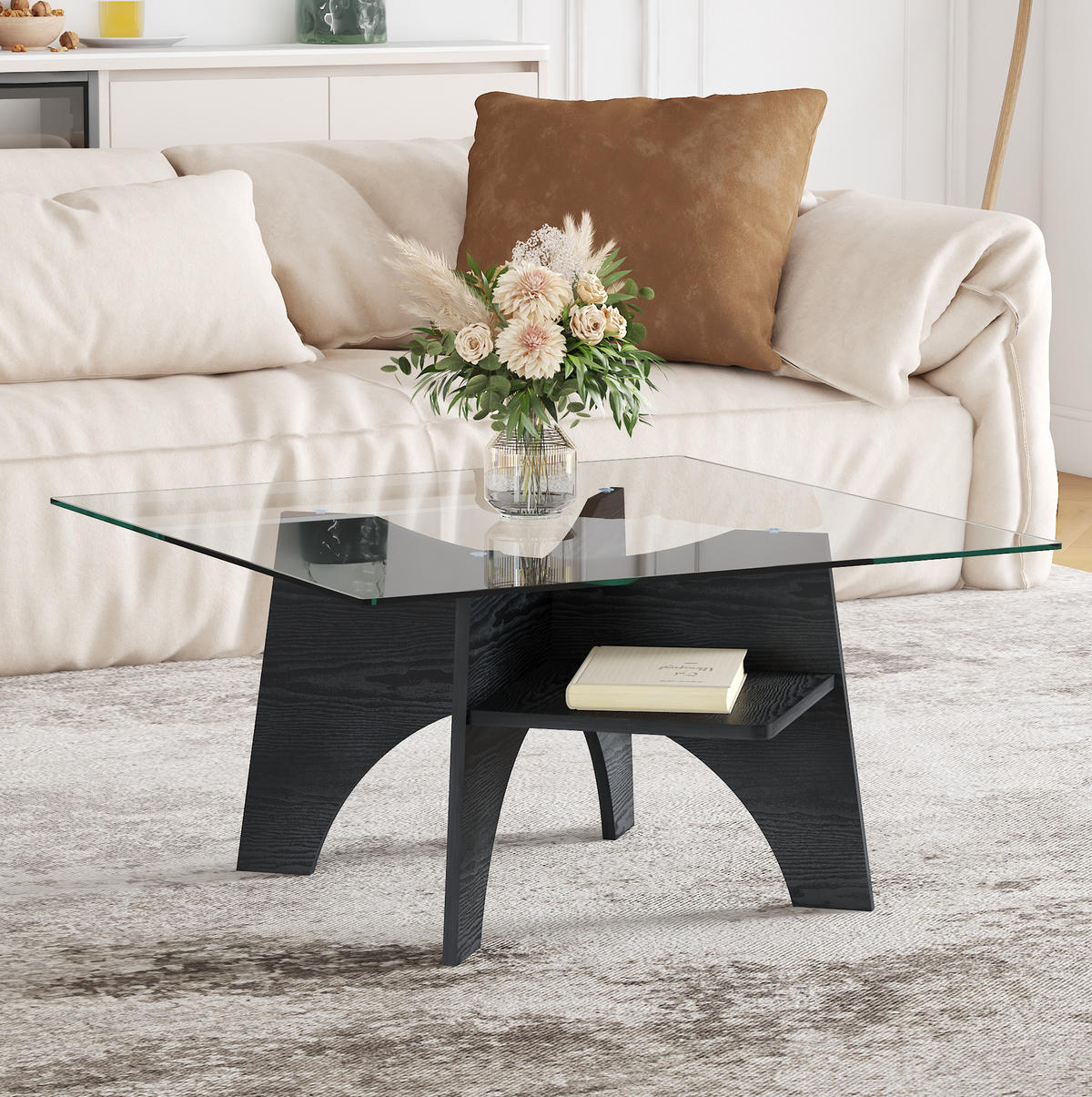 COUCHTISCH aus MDF und Glas 80x80x40 cm in Schwarz mit Ablagefach - Schwarz, Glas (80/80/40cm) - Modfu