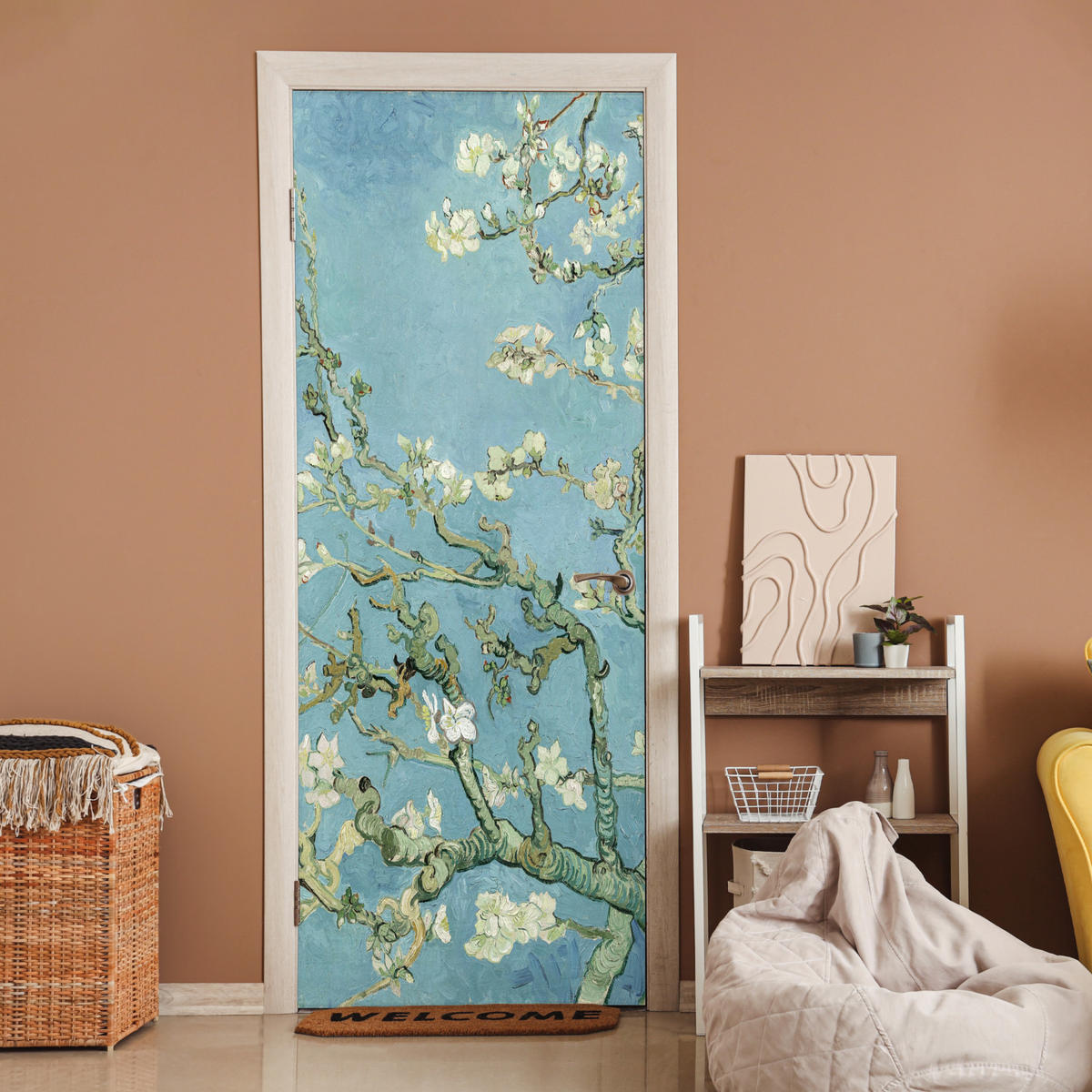 NÁLEPKA NA DVERE Mandľový kvet - Van Gogh - Umenie 90x235 cm - pastelová modrá, plast (90/0.1cm) - MuchoWow
