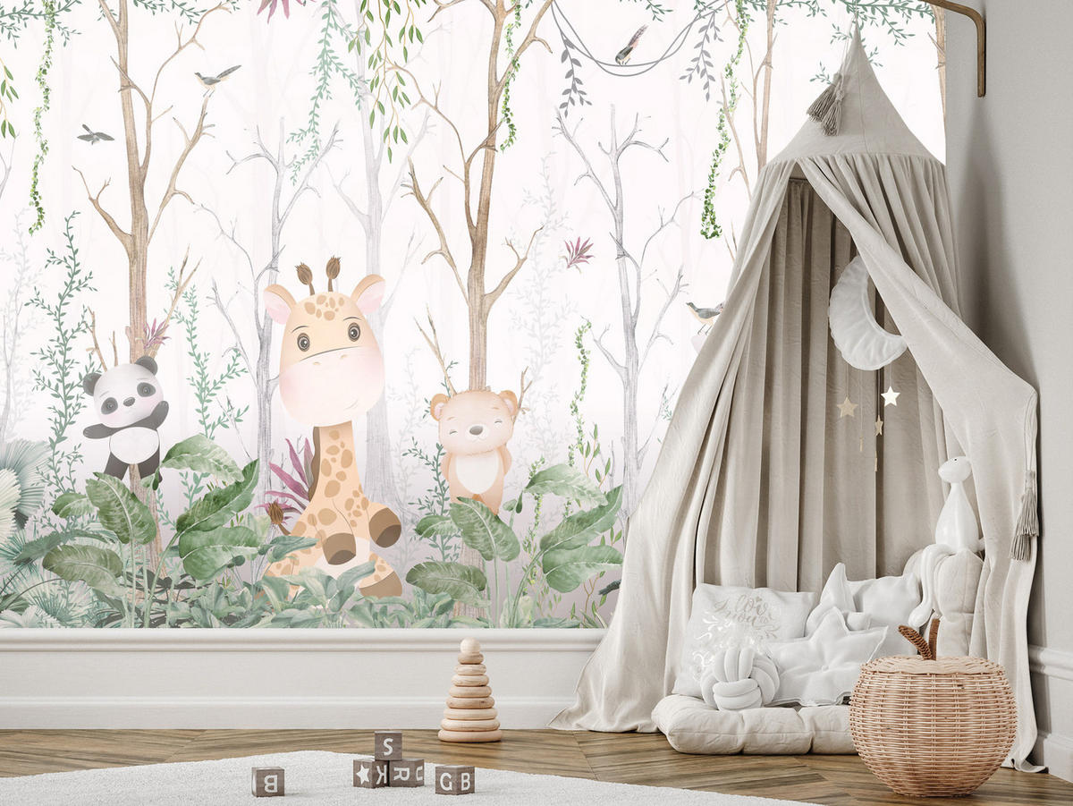 FOTOTAPETE für Kinderzimmer Märchenhafte Tiere Wald Bäume Pflanzen 500x350 - Beige/Rosa, Papier (500/350cm) - Muralo