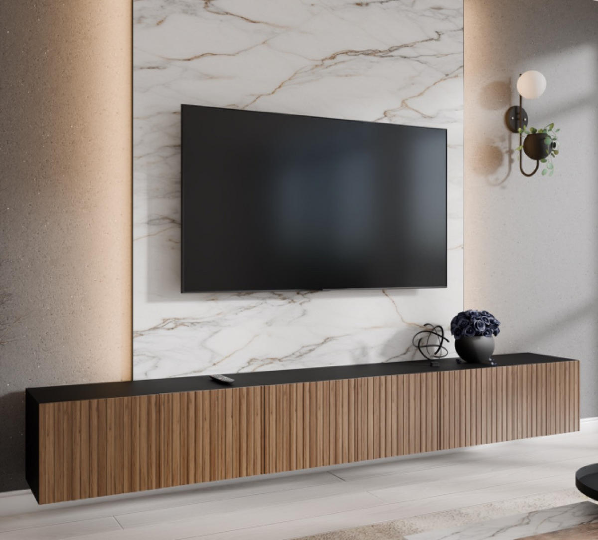 TV-SCHRANK Schwarz RIO Geschlossen Gerillt 300 cm - Schwarz, Holzwerkstoff (300/41/40cm) - Sepro Meble