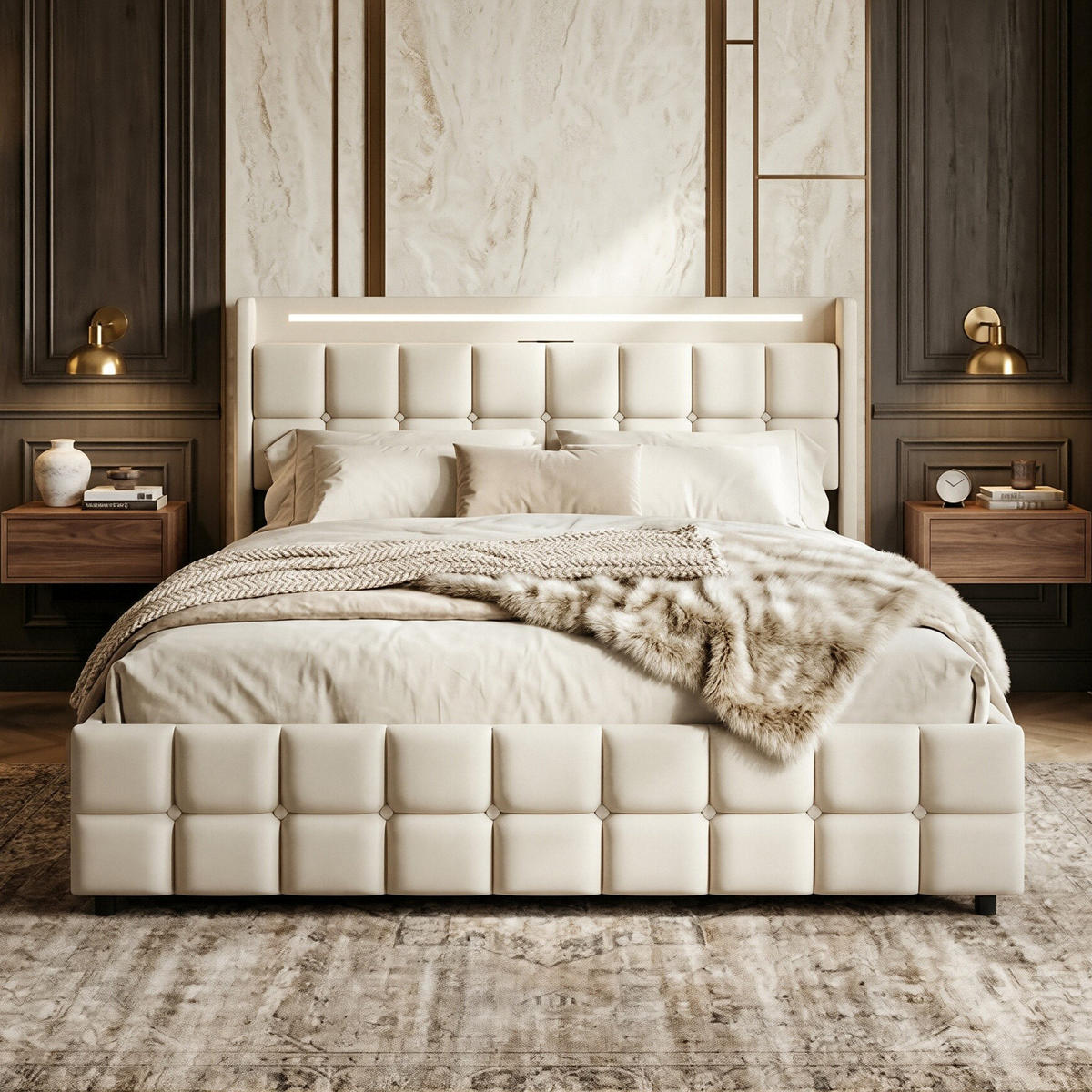 POLSTERBETT Geometrisch 160/200 cm mit 4 Schubladen & LED Leinenoptik Beige - Beige, Textil (160/200cm) - Creahappy