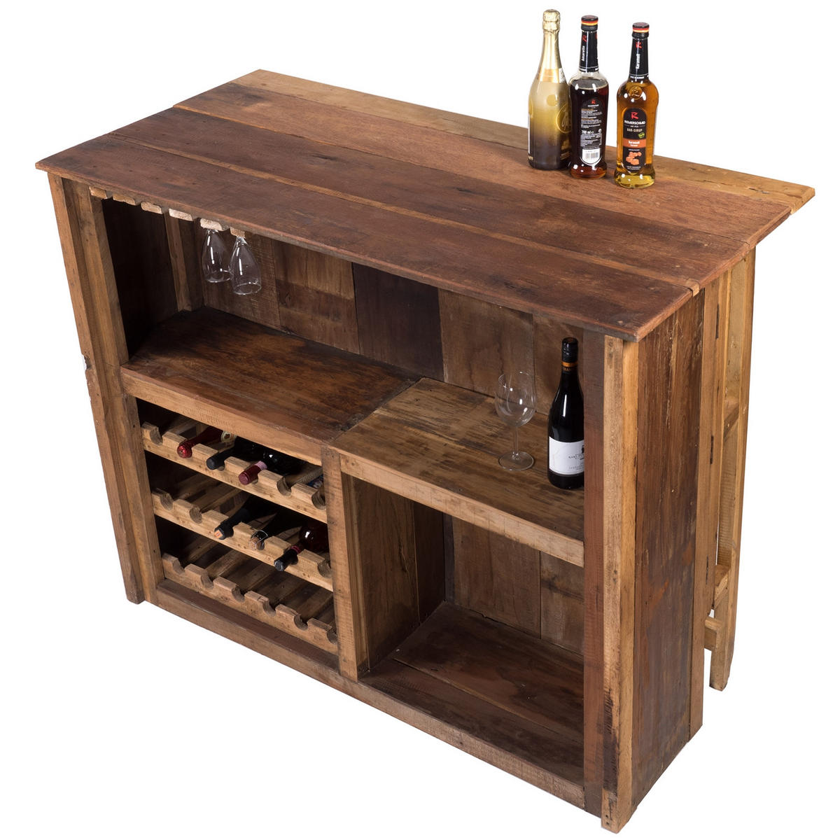 BARSCHRANK-SET Aruba 3-tlg. Massivholz, mit 2 Barhockern, 12er Flaschenregal und Gläserschienen naturfarben - Naturfarben, Holz (140/110/69cm) - DESIGN DELIGHTS