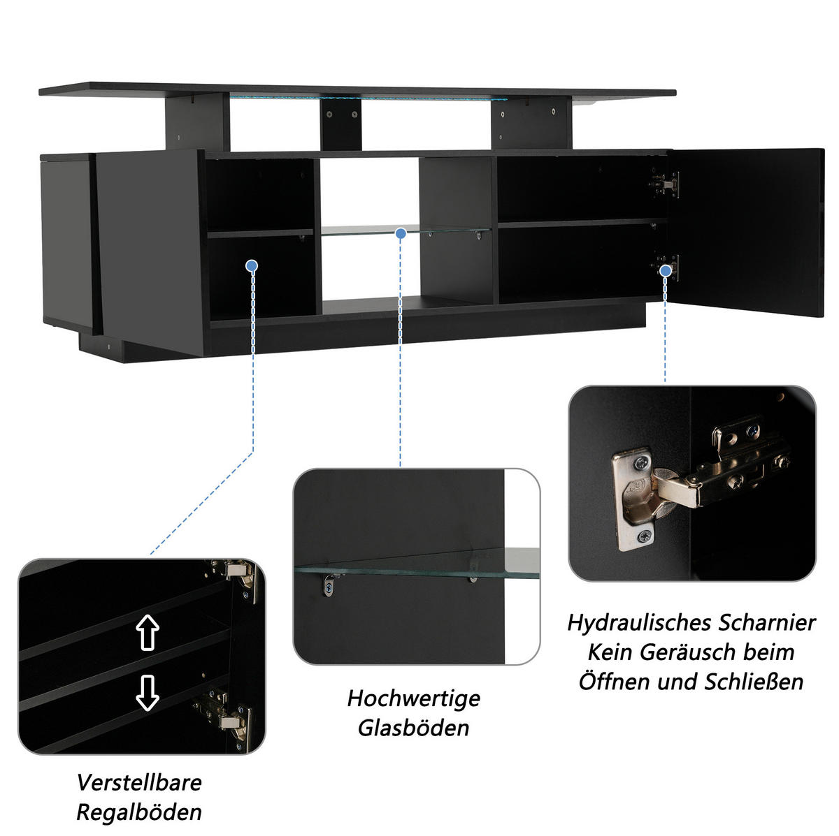 TV-LOWBOARD aus Spanplatte 140x35x55 cm Schwarz mit LED-Beleuchtung, 2 Hochglanztüren und 5 offenen Fächern - Schwarz, Holzwerkstoff (140/55/35cm) - IVMEU