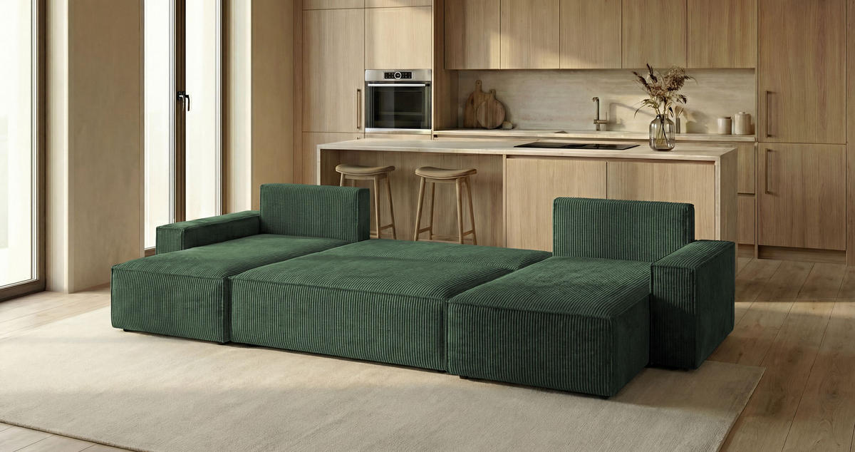 SEDACÍ souprava CALIFORNIA MINI tvar U zelená manšestr Poso 14 - funkce spaní, úložný prostor - zelená barva, textil (312/85/142cm) - Cornero