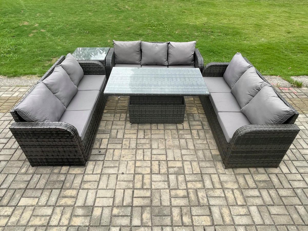 LOUNGESOFA Polyrattan 9-Sitzer - Dunkelgrau/Grau, Glas/Kunststoff - Fimous