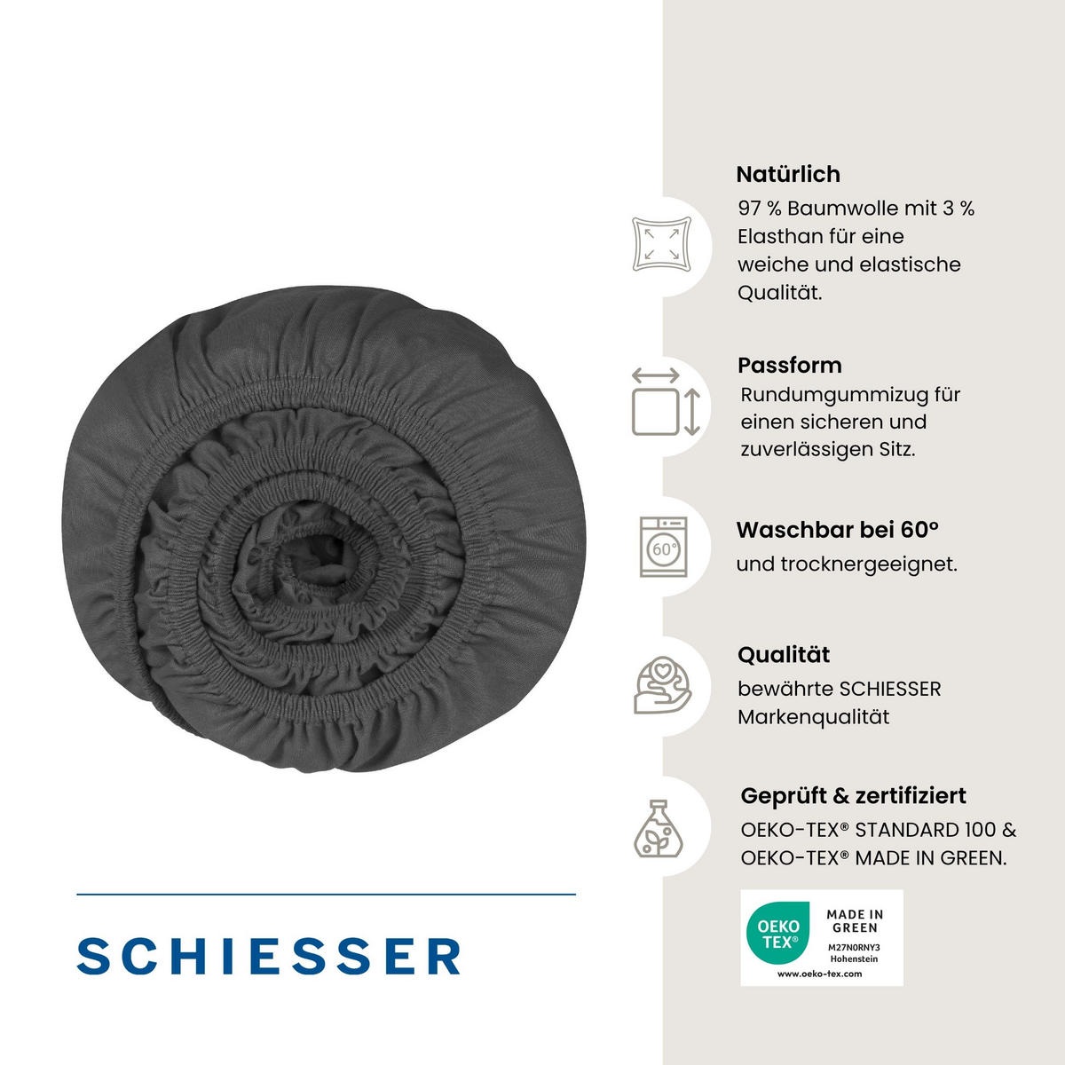 SPANNBETTLAKEN Elli 97 % Baumwolle, 3 % Elasthan 150x200 cm Dunkelgrau - Dunkelgrau, Textil (150/200cm) - SCHIESSER