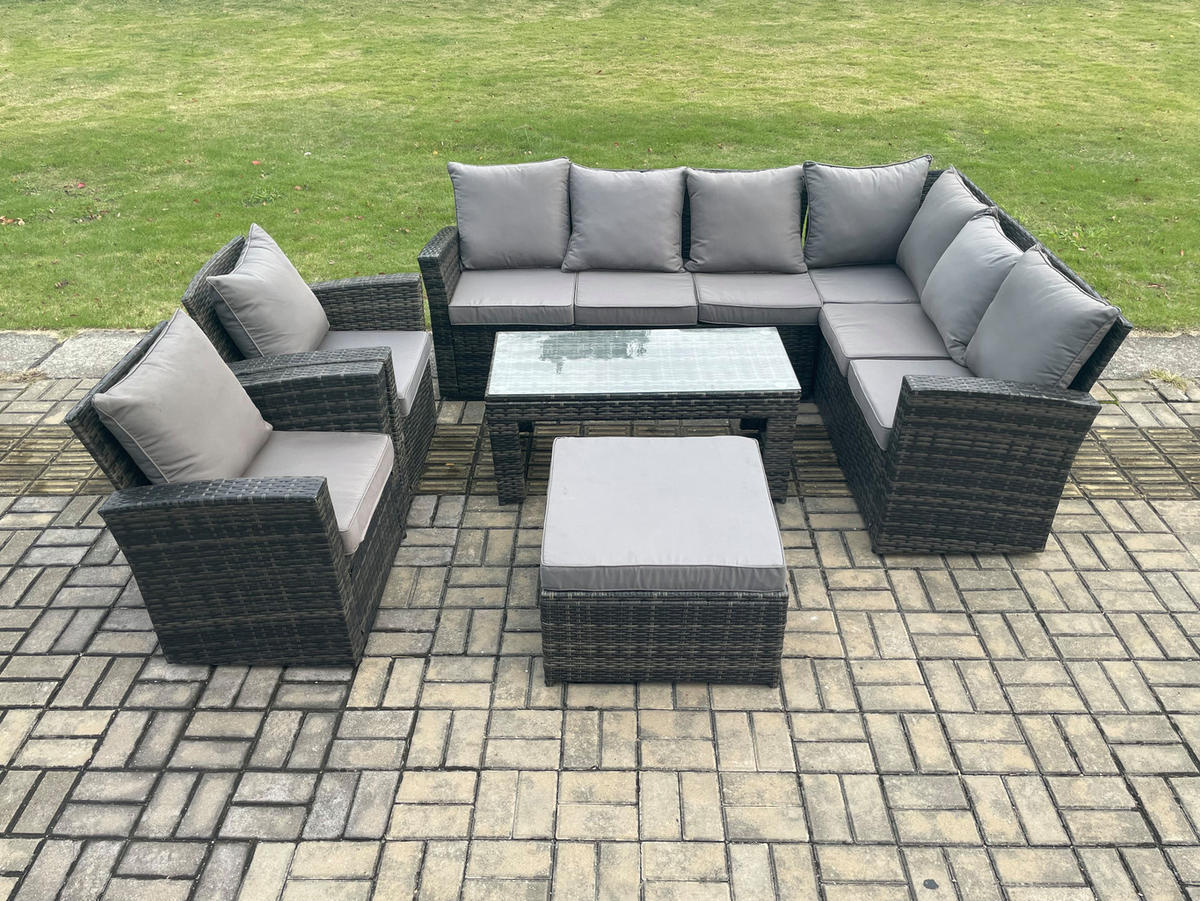 LOUNGEGARNITUR mit Couchtisch Sofa,Hocker Polyrattan Dunkelgrau 9-Sitzer - Dunkelgrau/Grau, Glas/Kunststoff - Fimous
