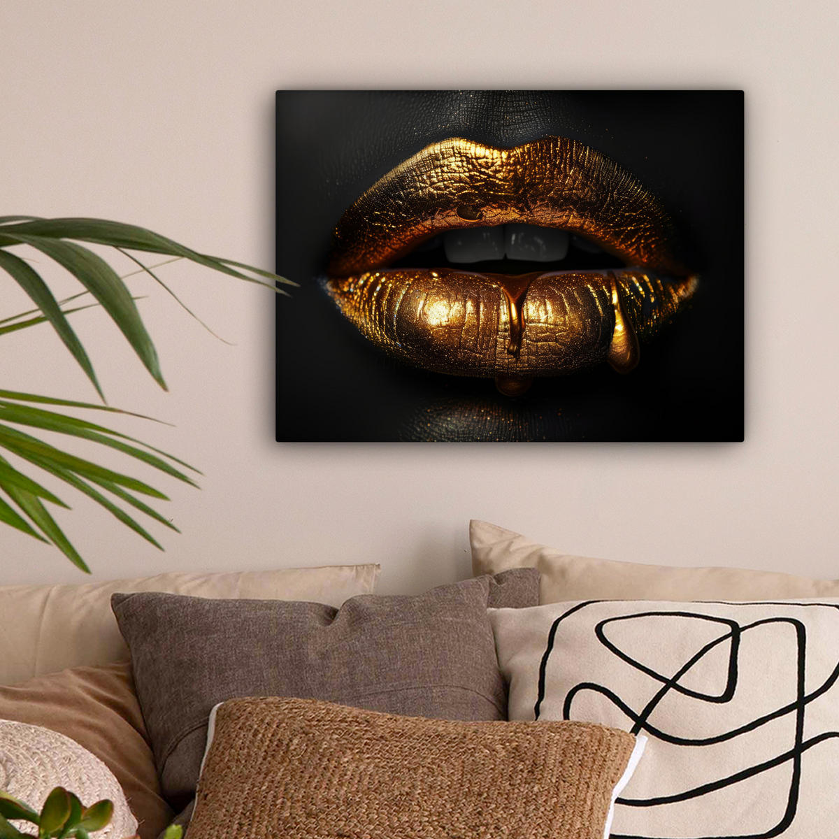 LEINWANDBILD Frau - Porträt - Lippen - Gold - Schwarz Wandbild 40x30 cm - Schwarz, Textil (40/30cm) - MuchoWow