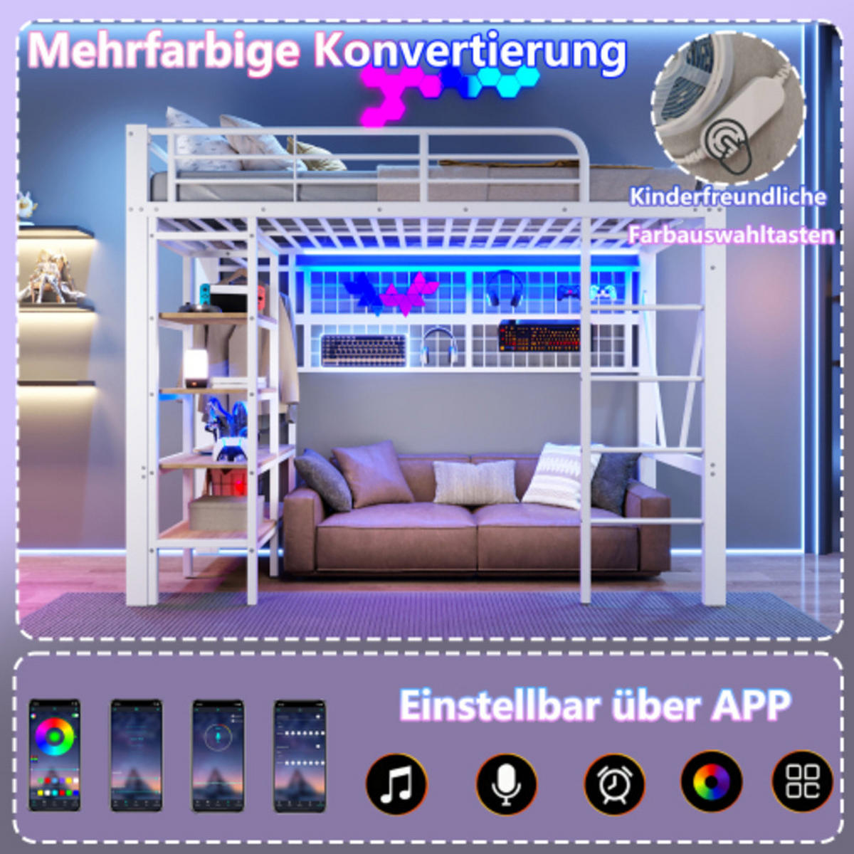 HOCHBETT 90×200 cm aus Metall und MDF mit LED-Beleuchtung und Ablagefach, weiß - Weiß, Metall (90/200cm) - Luhomfu