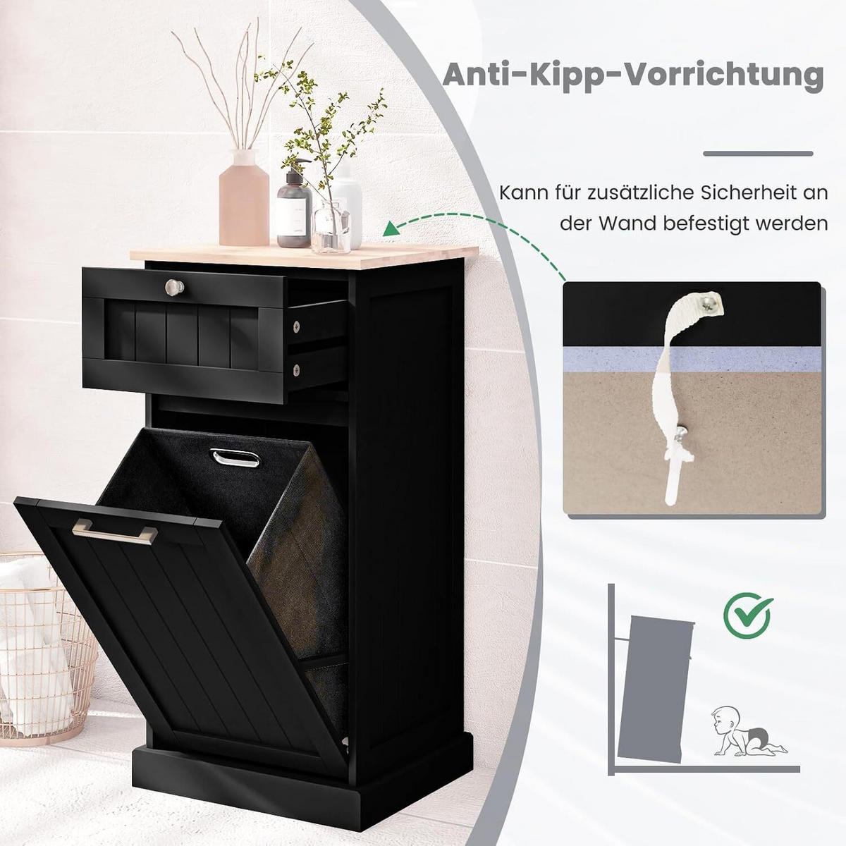 WÄSCHESCHRANK mit Wäschekorb Schwarz - Schwarz, Holzwerkstoff (40/82/37cm) - COSTWAY