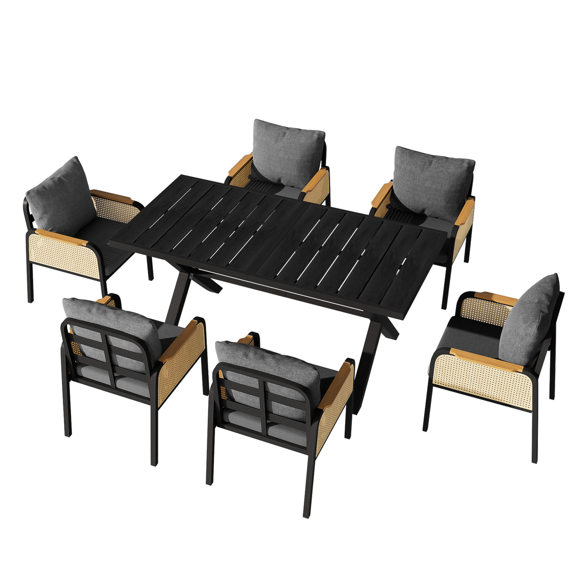 Modfu ZAHRADNÍ jídelní set z železa a PE ratanu 148x80x75 cm černý a přírodní pro 6 osob s polstrovanými sedáky