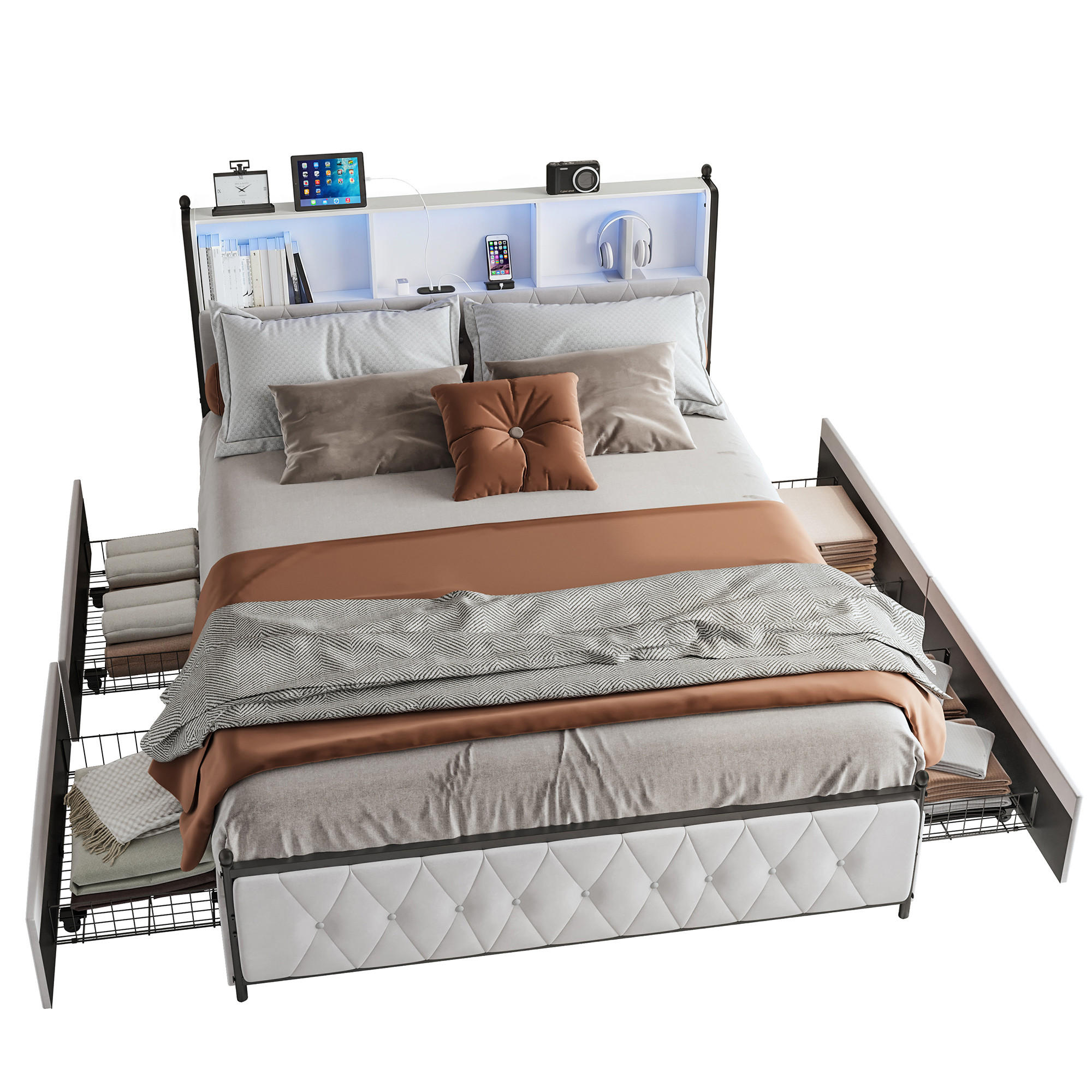 POLSTERBETT 160x200 cm, 3 Stauraumfächer am Kopfteil, RGB-LED, USB & Typ-C, 4 Stauraumschubladen, Samtstoff, Beige - Beige, Holz (160/200cm) - BRILVERDE