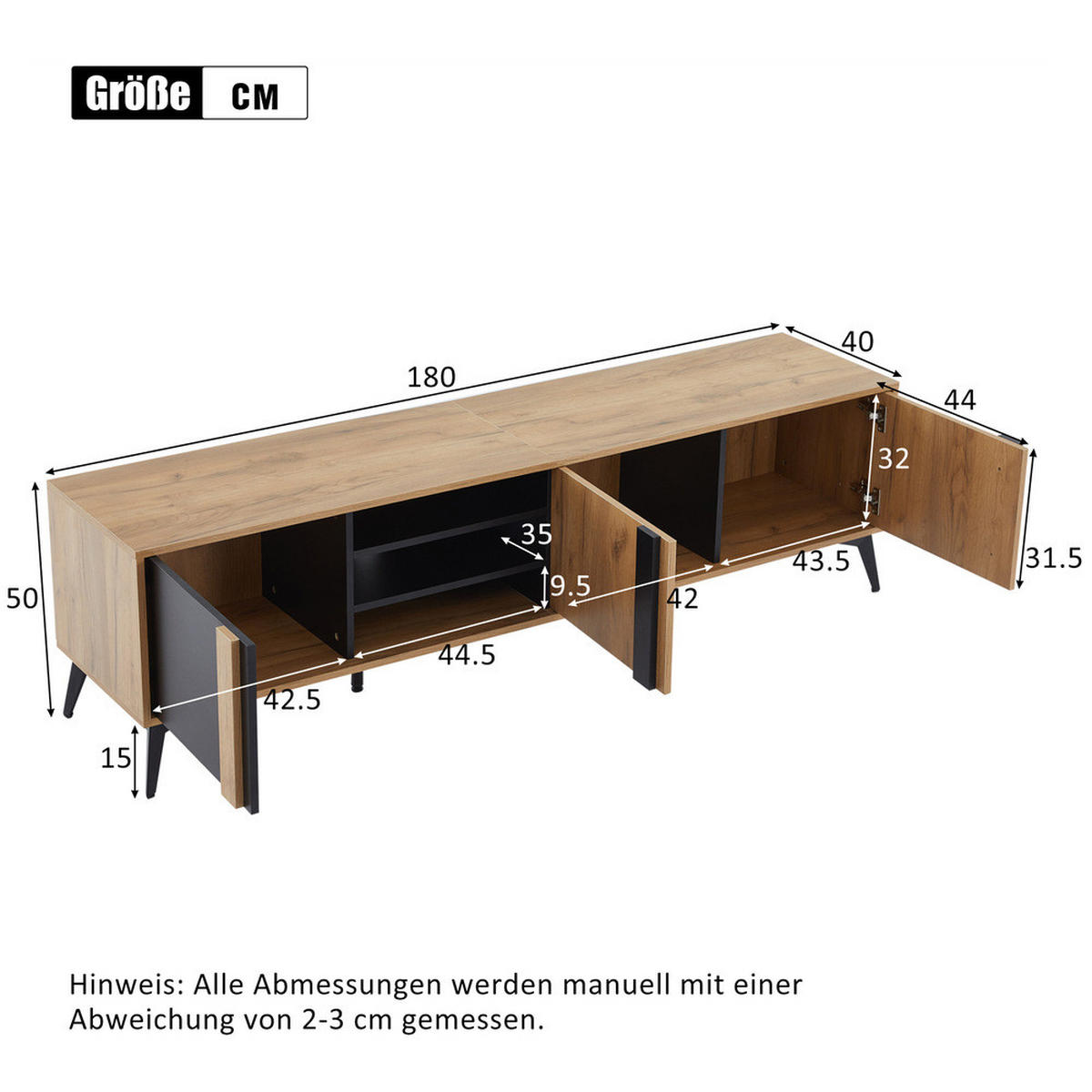 TV-SCHRANK 180cm Lowboard rustikal Braun Tür & Fach bis 80 Zoll - Schwarz, Holz (40/50/180cm) - FLIEKS