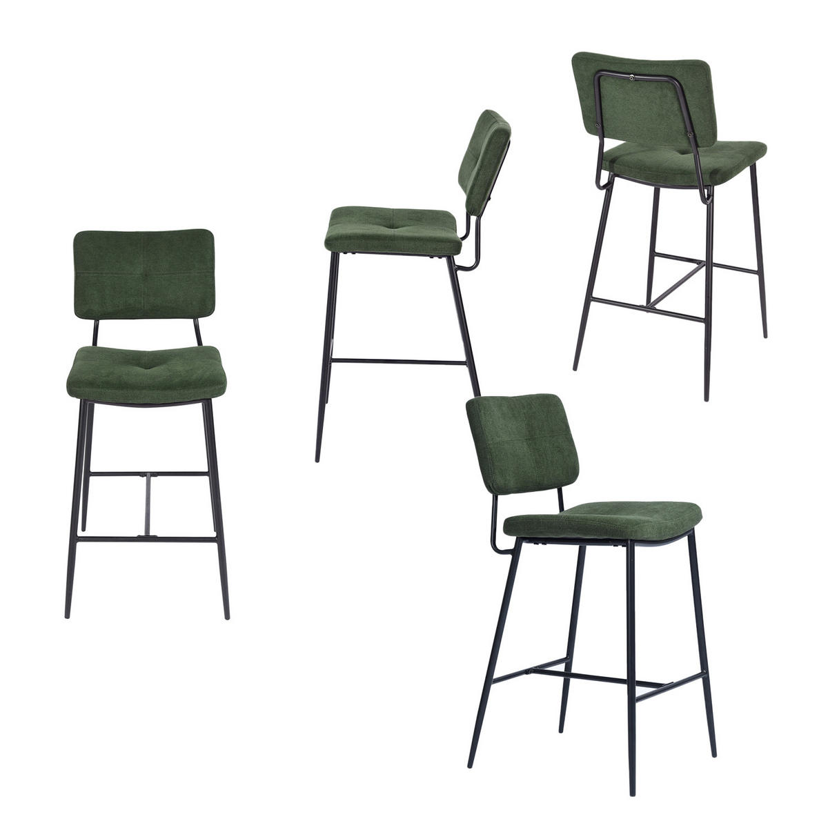 BARHOCKER 4er Set, Samt Dunkelgrün, Metallbeine Schwarz - Grün, Metall (46/102/52cm) - Meubles Cosy