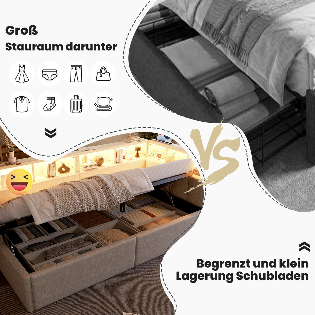 DENNÁ posteľ 90/200 cm béžová z ľanu a MDF s LED osvetlením, úložným priestorom a USB/USB-C - béžová, textil (90/200cm) - OKWISH
