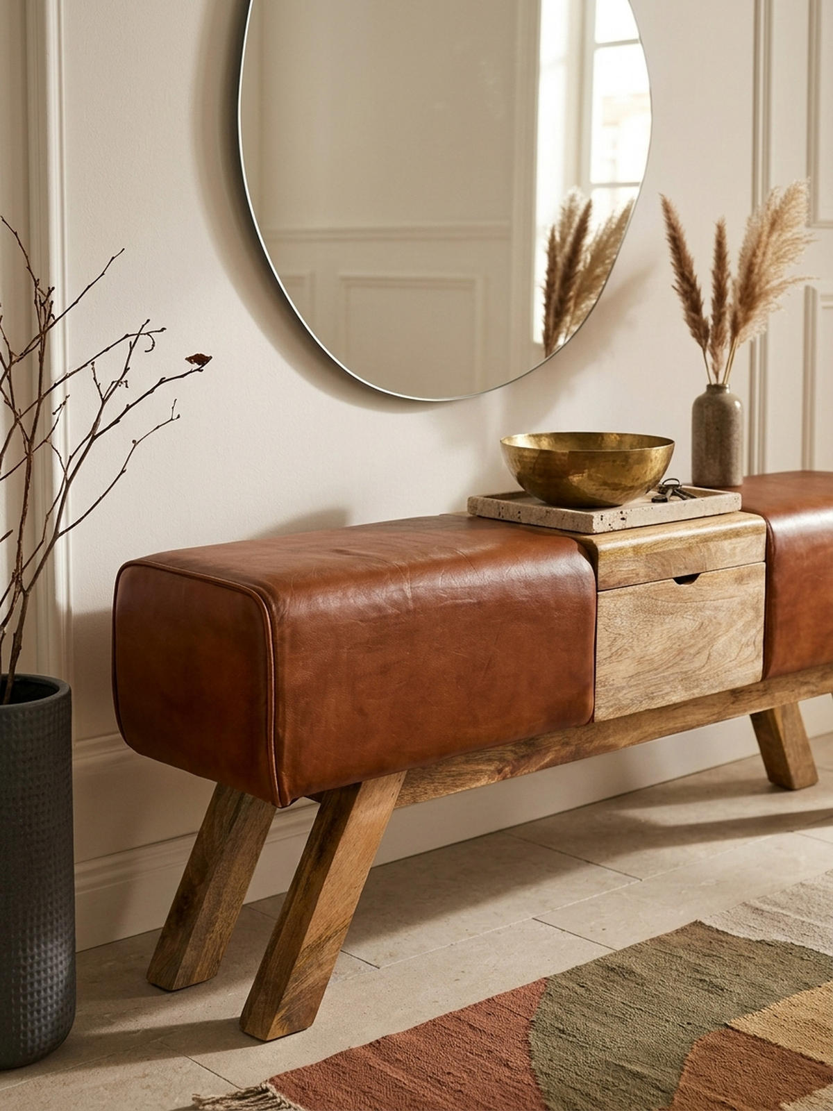 SITZBANK – Echtleder/Holz, 120 cm, Retro-Stil, mit Stauraum - Braun, Leder/Holz (120/53/29cm) - KADIMA DESIGN