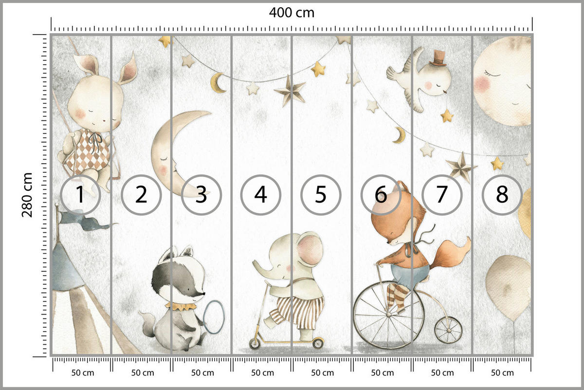 FOTOTAPETE für Kinderzimmer Zirkus Tiere Elefant Fuchs Monde Sterne 400x280 - Gelb/Beige, Papier (400/280cm) - Muralo