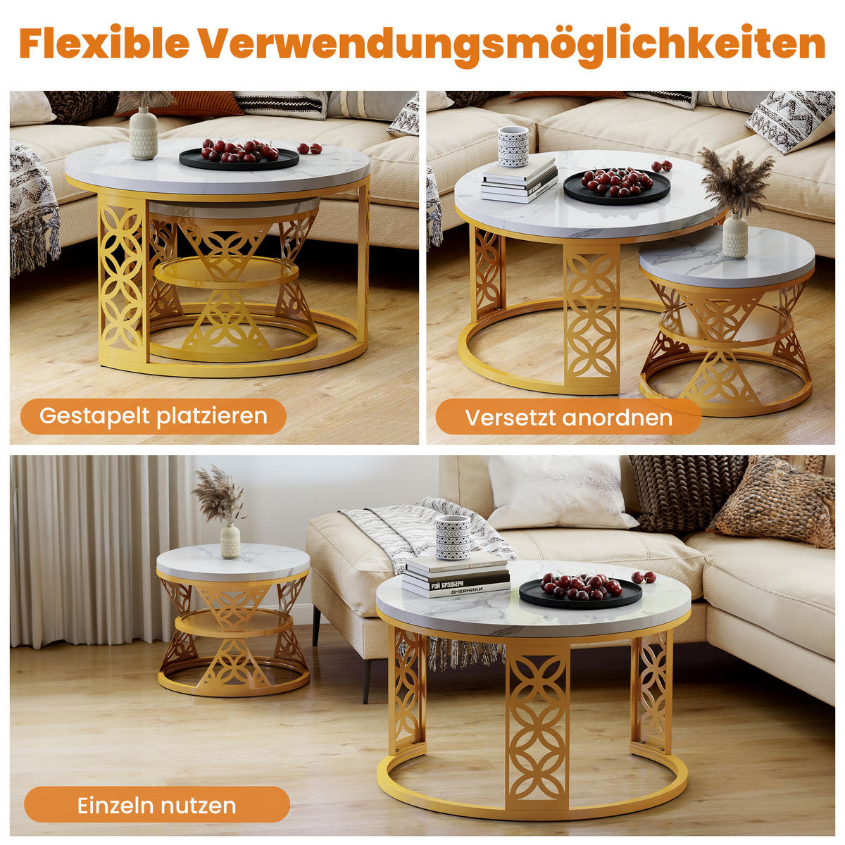 COUCHTISCH Moderner Nesting Satztisch 70/70/45 cm + 45/45/37 cm Kontrastfarbendesign - Weiß, Holzwerkstoff (70/70/45cm) - OKWISH