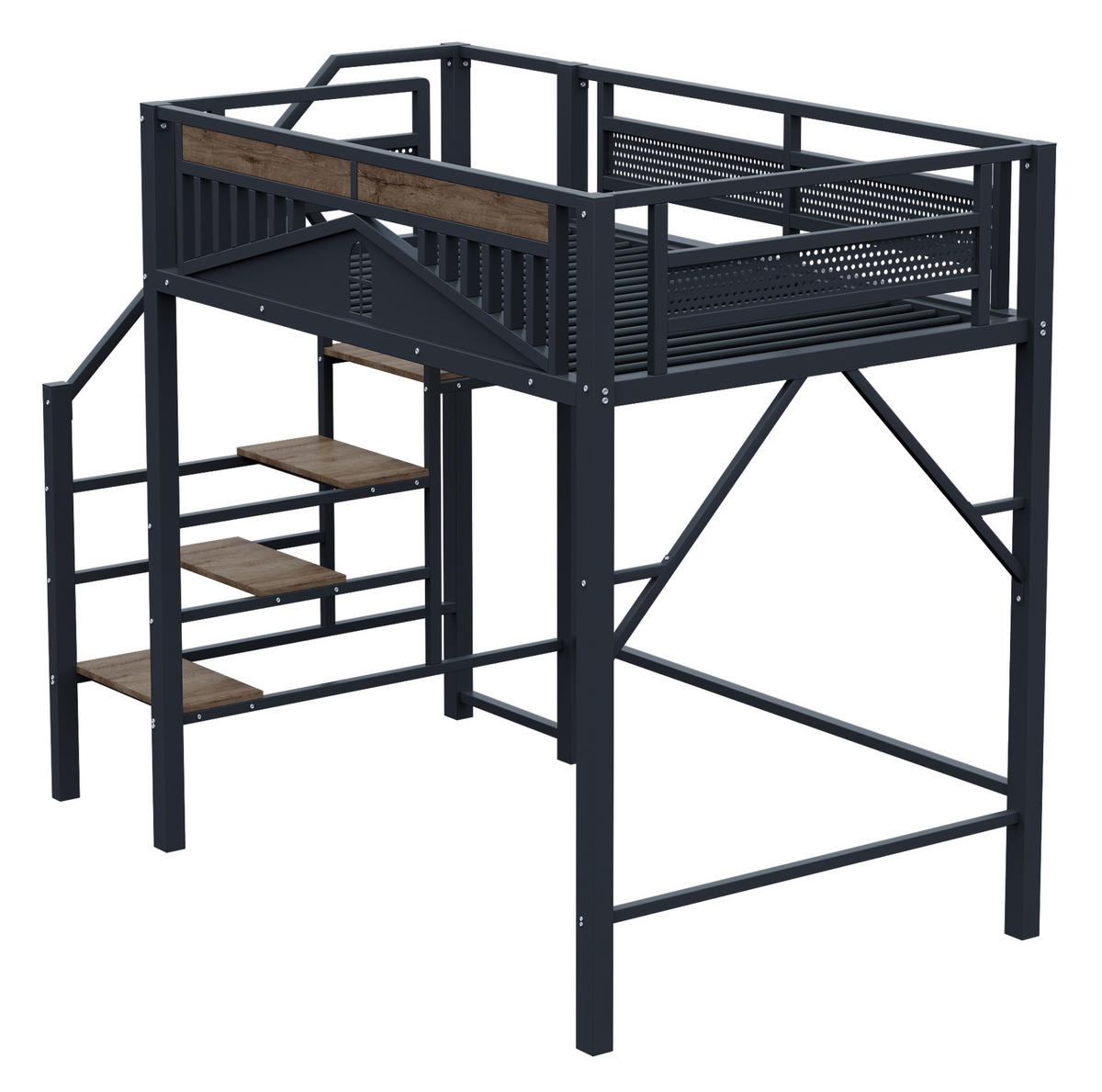 HOCHBETT 140/200 cm mit Sicherheitsleiter, Fensterdesign und Stauraum, Schwarz - Schwarz, Metall (140/200cm) - Redom