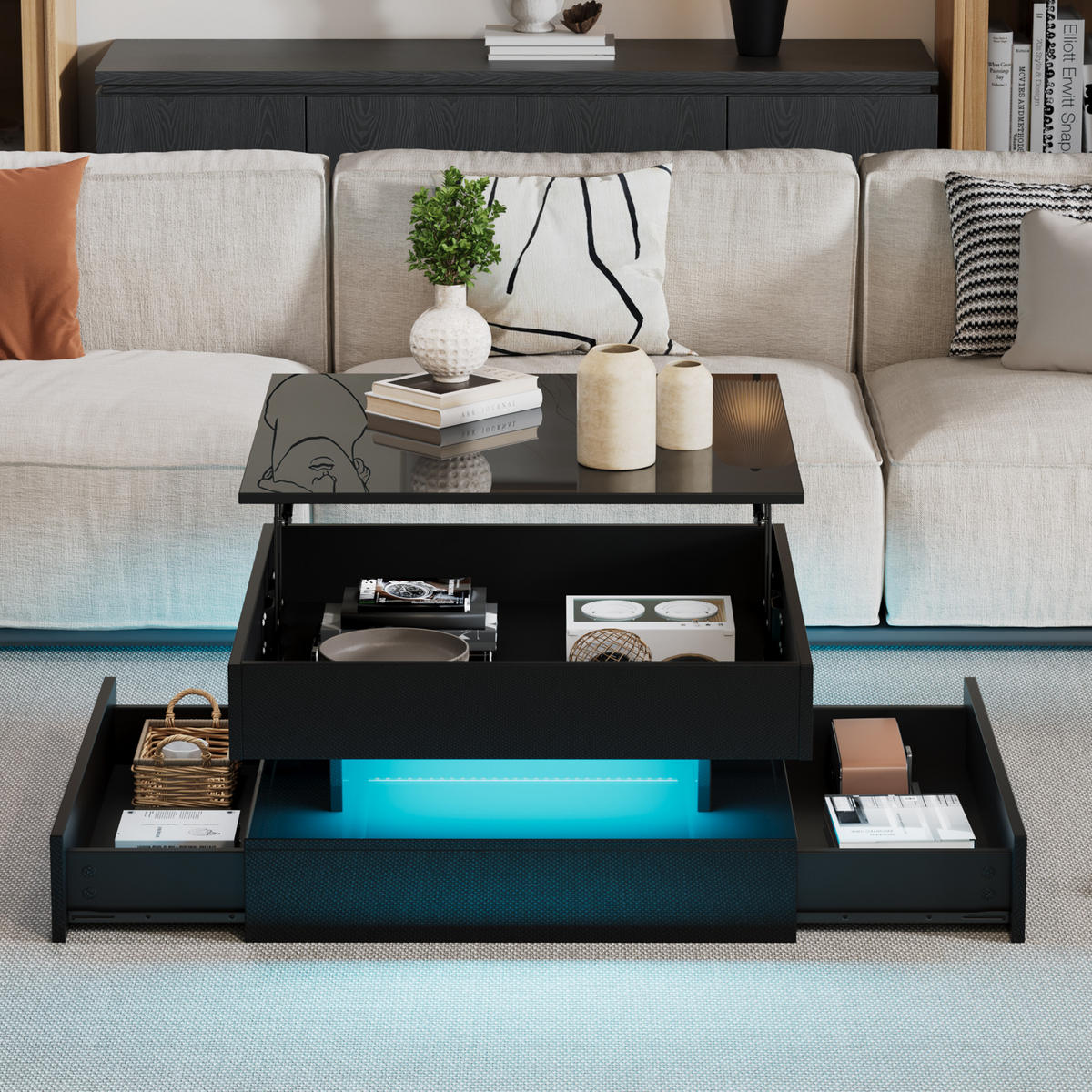 COUCHTISCH DE-132 Anhebbar Schwarz mit LED-Lichtleiste - Schwarz, Holzwerkstoff (65/65/39cm) - ComfortXL
