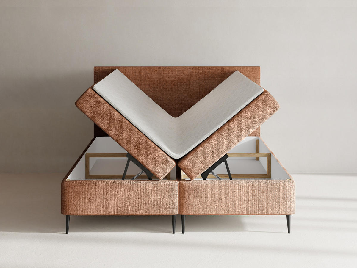 BOXBETT Alba Rise mit Bettkasten, Orange Chenille 160x200 cm – inkl. H4 Taschenfederkern Matratze & Foam Topper - Schwarz/Orange, Holz/Textil (160/200cm) - WFL GROUP