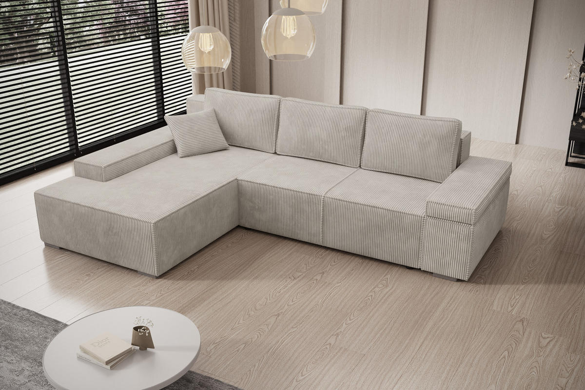 ECKSOFA Milo mit Schlaffunktion und Bettkasten, Couch L-Form, Cord-Stoff, 273x85x185 cm, Beige - Beige, Holz (185/273cm) - PROMETO Möbel