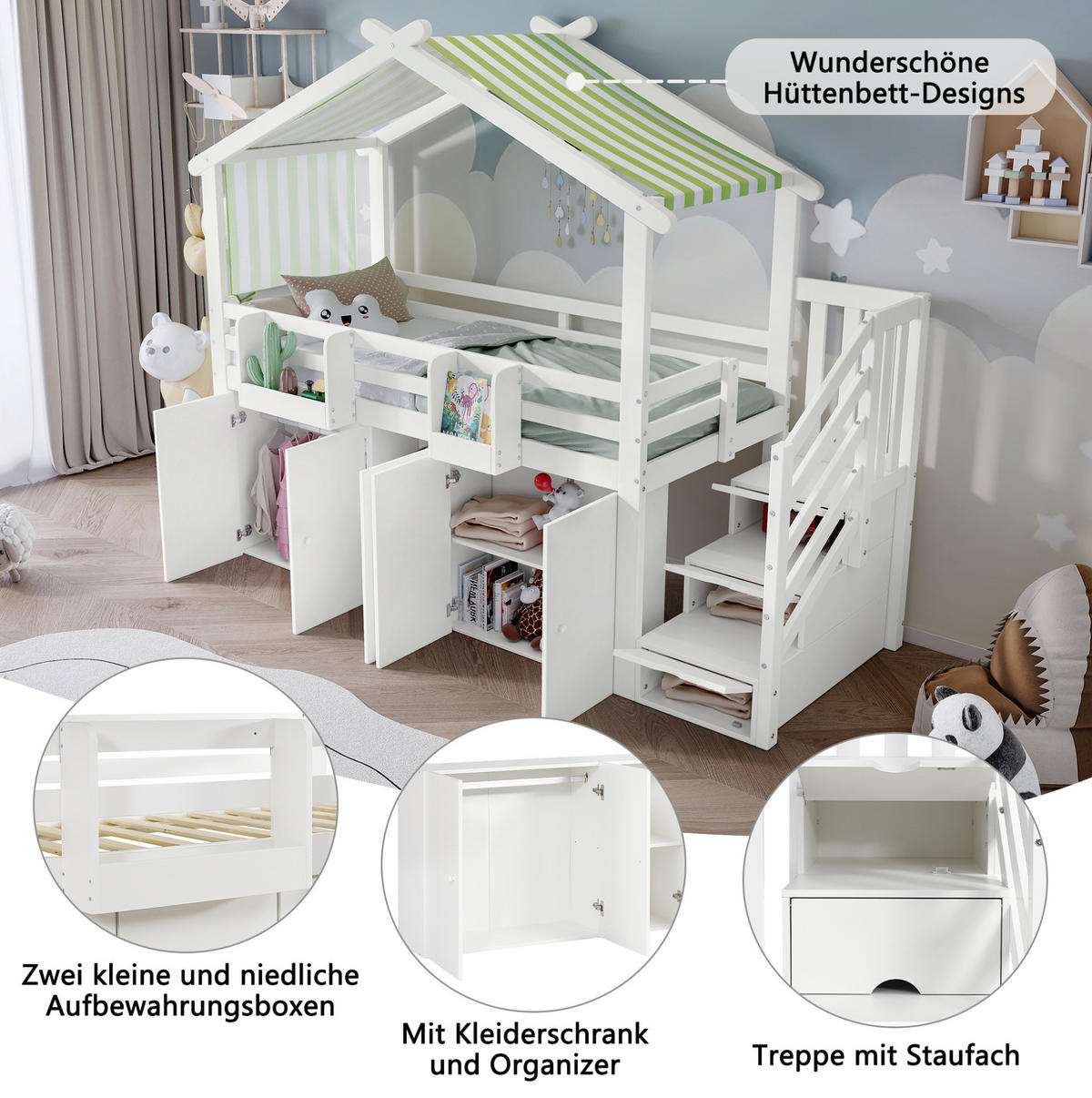 HAUSBETT 90/200 cm in Weiß/Grün mit Stauraum und Treppe - Weiß, Holz (90/200cm) - BEAOK