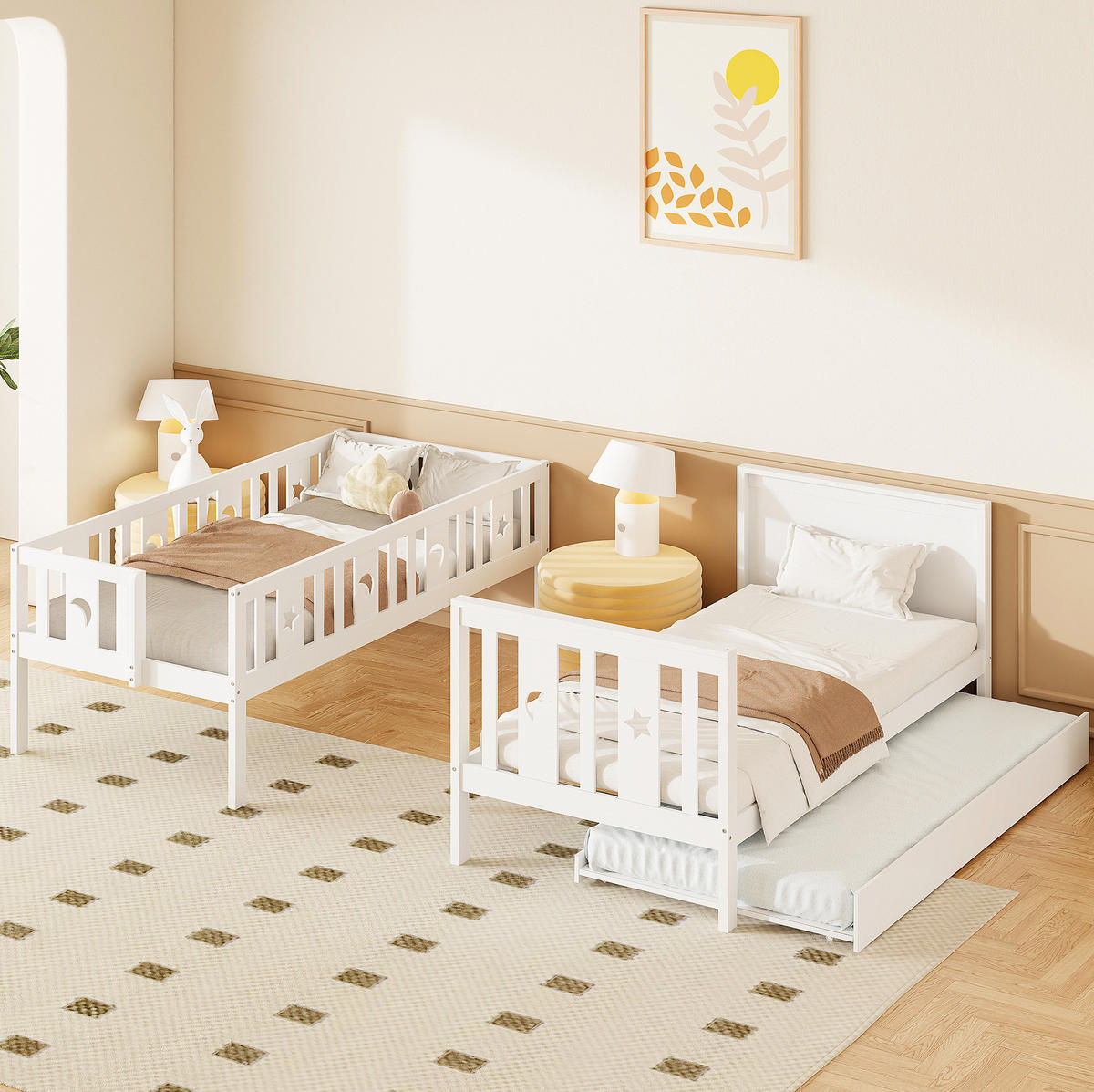 PATROVÁ postel z masivního dřeva 90x200 cm bílá s výsuvným lůžkem, úložnými schody a motivem hvězdy a měsíce - bílá, kompozitní dřevo (90/200cm) - Modfu