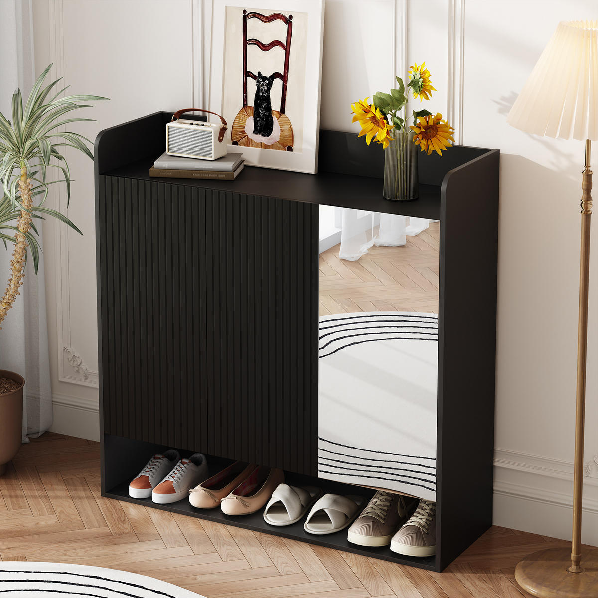 SCHUHSCHRANK aus MDF & Spanplatte 110x35,5x110cm in Schwarz mit Spiegel - Schwarz, Holzwerkstoff (110/110/35.5cm) - Modfu