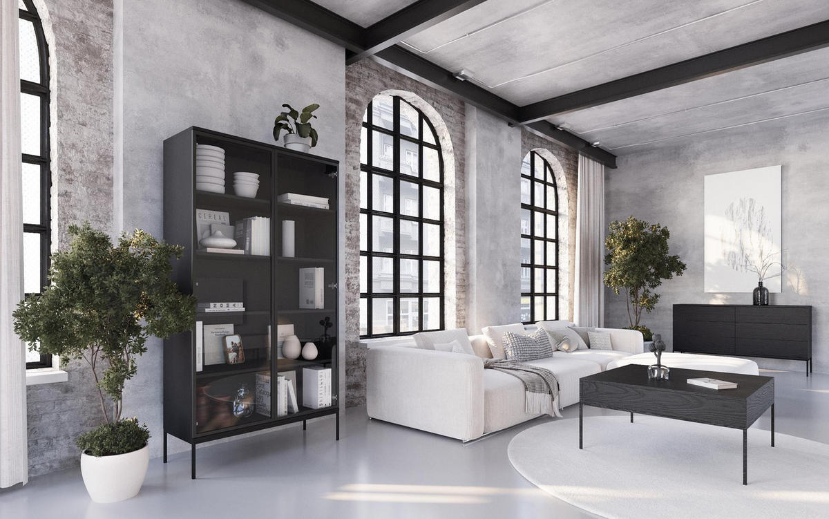 VITRINE Induro Schwarz, zweitürige Vitrine mit Metal Beine - Schwarz, Holzwerkstoff/Metall (100/190/41cm) - Bettso