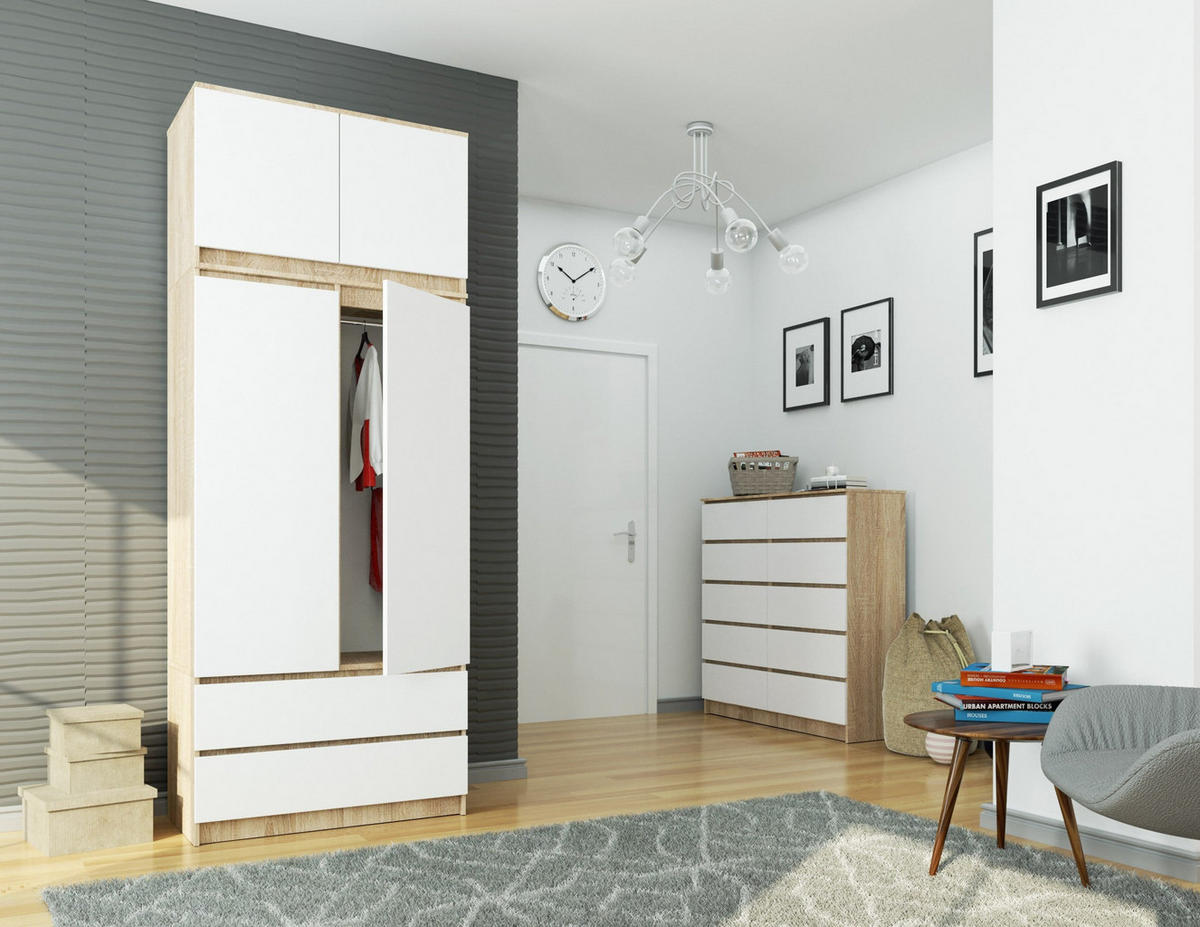 KLEIDERSCHRANK Eiche Sonoma, Weiß 234/90/51 - Weiß/Sonoma Eiche, Holzwerkstoff (90/234/51cm) - RAUMHIRSCH FURNITURE