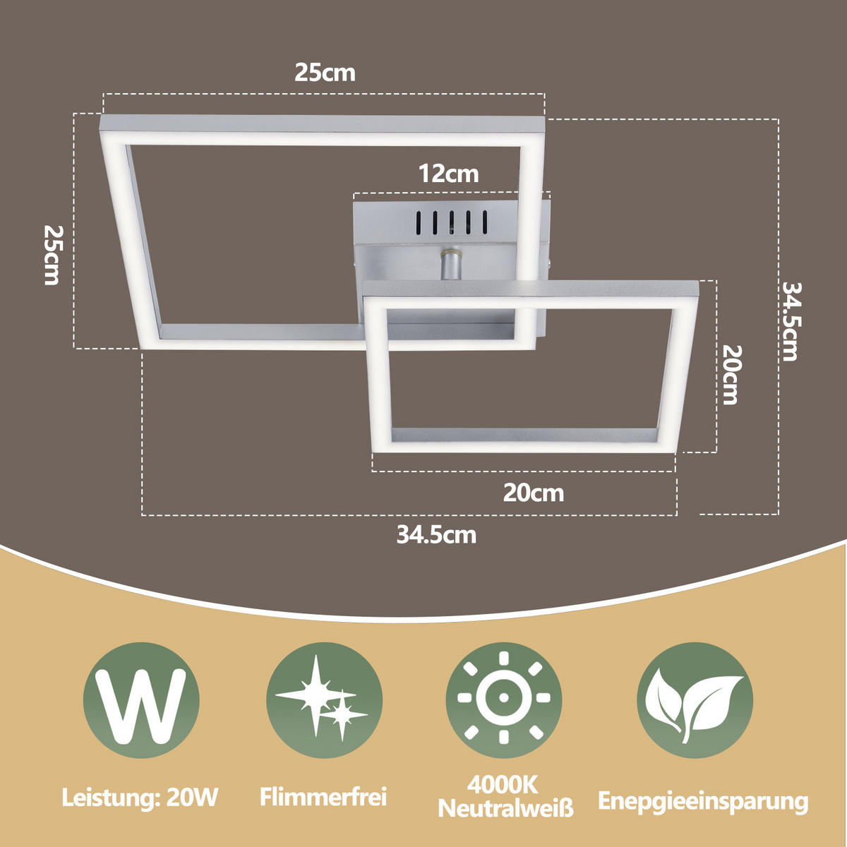 LED DECKENLEUCHTE Aelwynne 34.5/34.5/6.7 cm - Silberfarben, Kunststoff (34.5/34.5/6.7cm) - ZMH