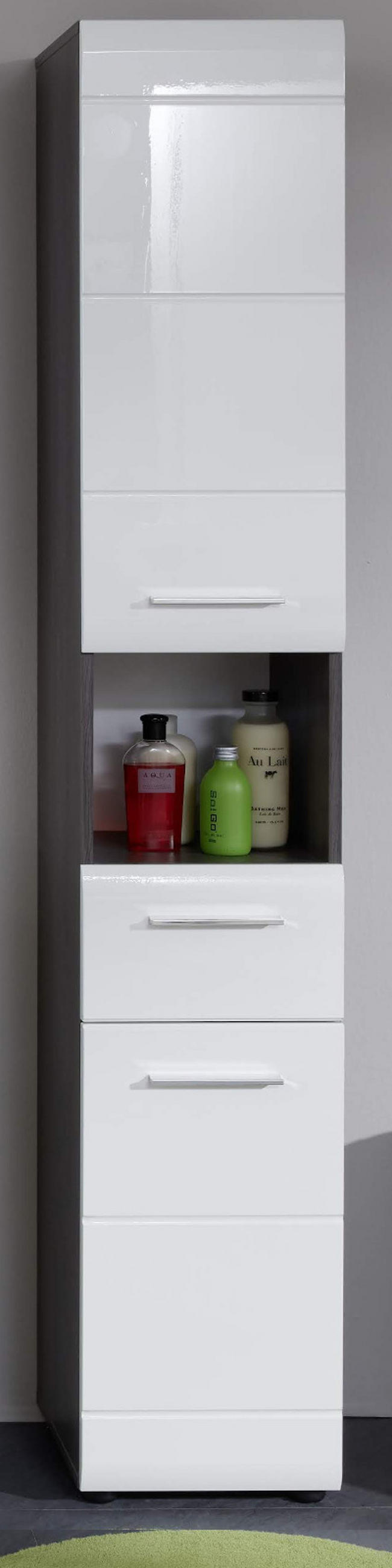 HOCHSCHRANK weiß Hochglanz, grau Rauchsilber 30 cm, Badschrank wechselbarer Türanschlag - Weiß Hochglanz/Silberfarben, Holzwerkstoff/Kunststoff (30/182/31cm) - Top.Furn