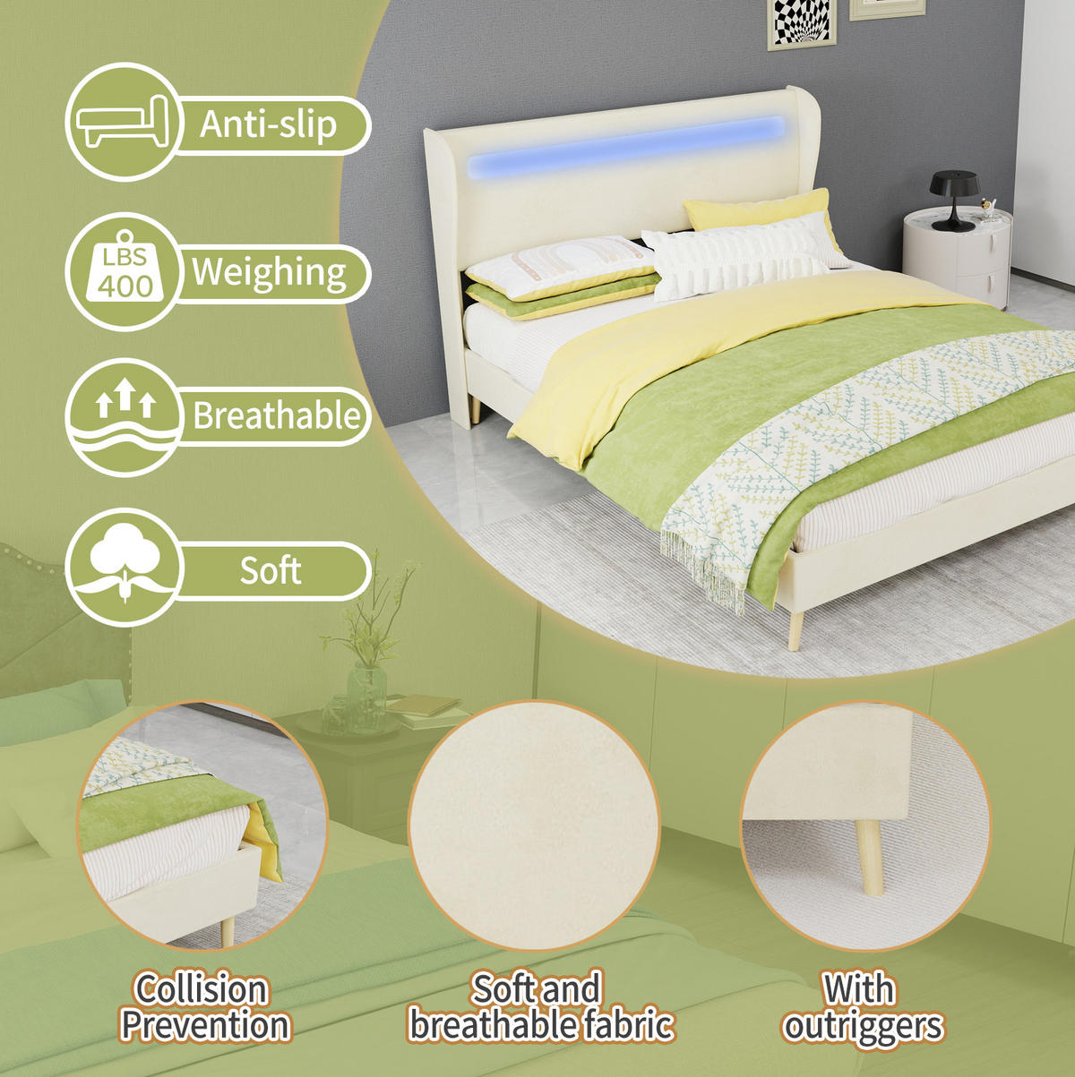 POLSTERBETT 140/200 cm mit LED-Beleuchtung, verstellbarer Rückenlehne und Matratze, Beige - Beige, Textil (140/200cm) - Redom