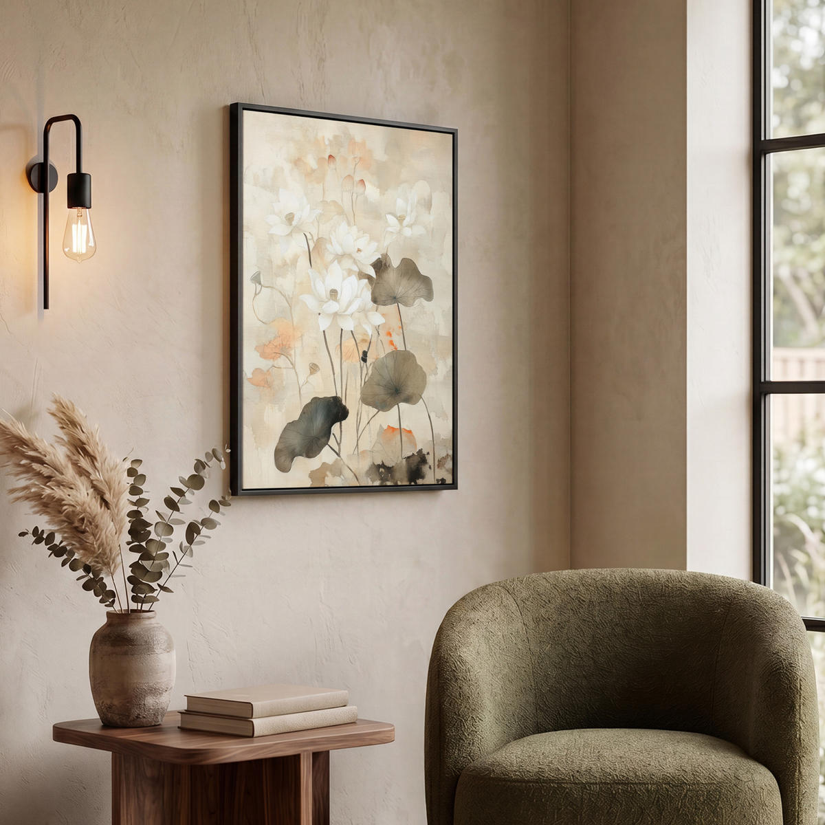LEINWAND Bilder mit Rahmen - Blumen - Japandi - Wabi sabi - 60x80 - Sandfarben, Textil (60/80cm) - MuchoWow