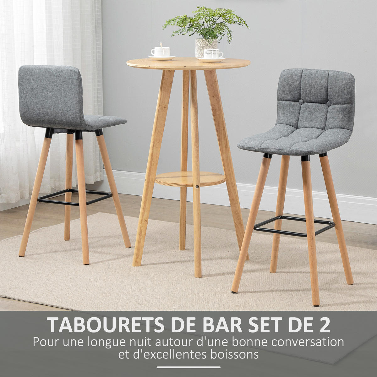 BARHOCKER 2er-Set DE-14776 gepolstert mit Holzfüßen Grau - Grau, Holzwerkstoff (41.5/97.5/47cm) - ComfortXL