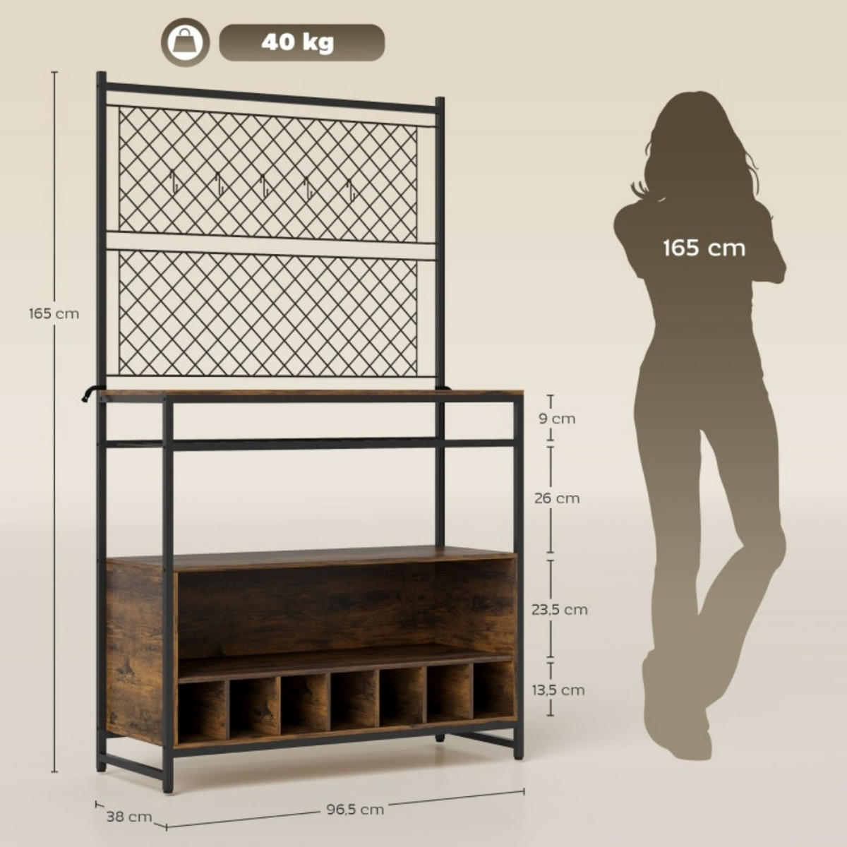 KÜCHENREGAL mit Arbeitsfläche,Küchenschrank,Metall+Holz,Braun - Braun, Metall (96.5/165/38cm) - LVHOM