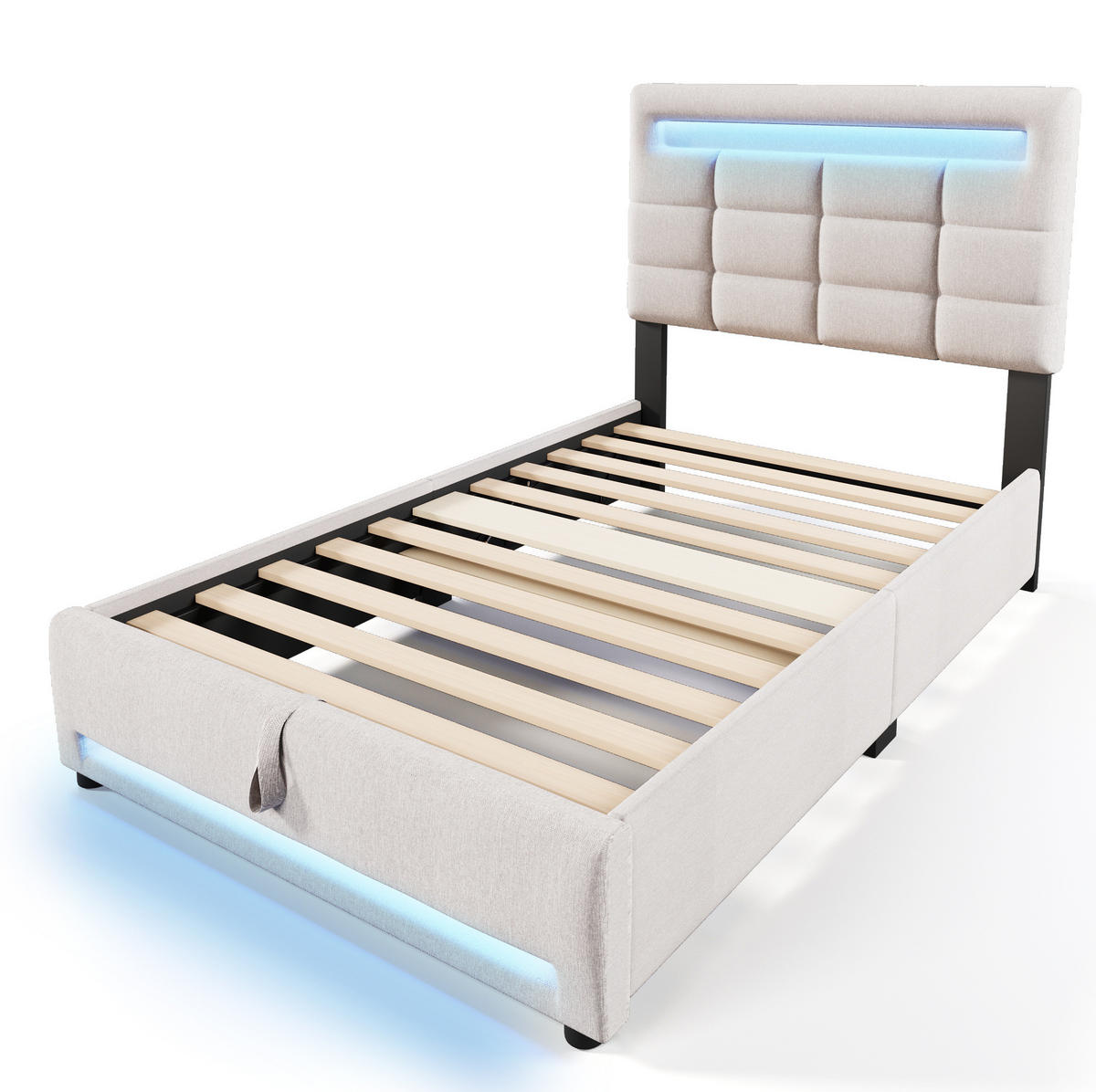 BETT mit Stauraum und LED 90x200 cm Leinen Beige - Beige, Metall (90/200cm) - Meubliv