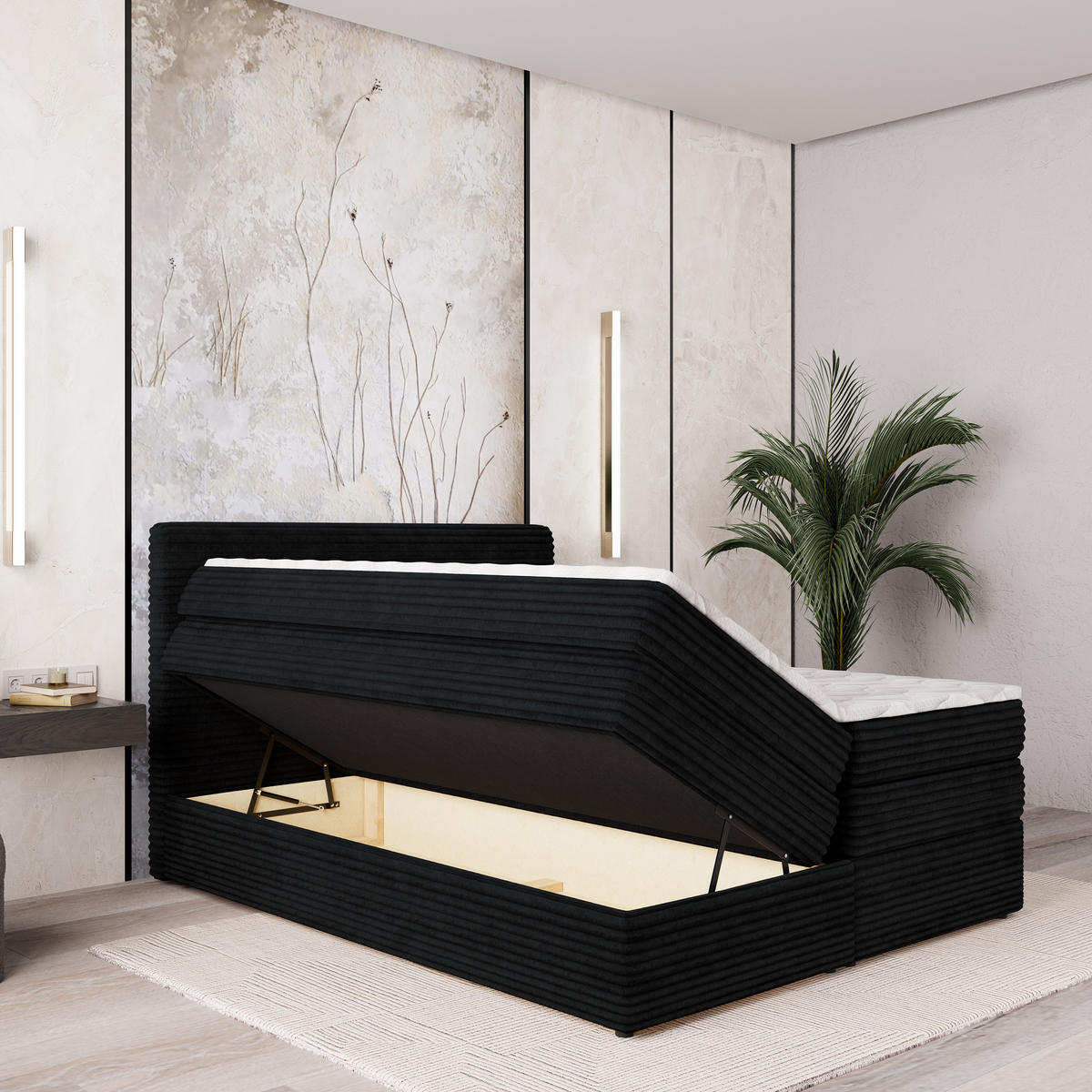 BOXSPRINGBETT LUNERA 140x200 cm mit Matratze und Topper - Schwarz - Schwarz, Holz (140/200cm) - MASSENO