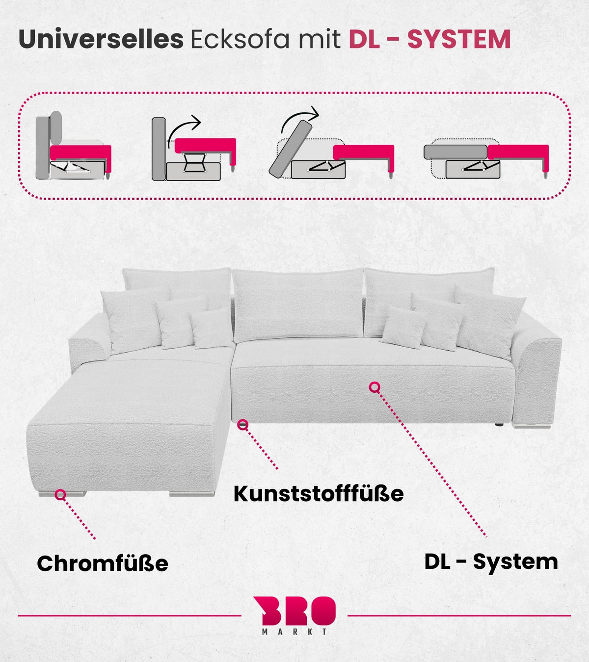 ECKSOFA Sydney mit Schlaffunktion Weiß Boucle - Ecru/Weiß, Textil (280/184cm) - Bromarkt