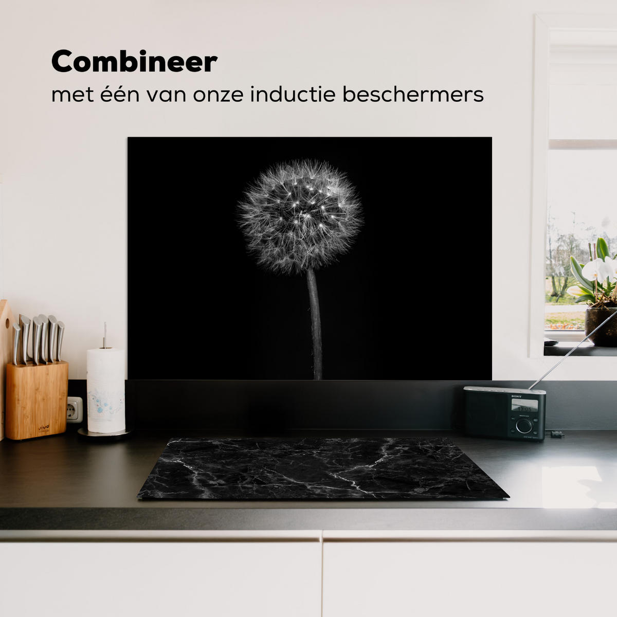 SPRITZSCHUTZ KÜCHE Löwenzahn - Schwarz - Floral - Botanisch 90x60 cm - Grau, Metall (90/0.3/60cm) - MuchoWow