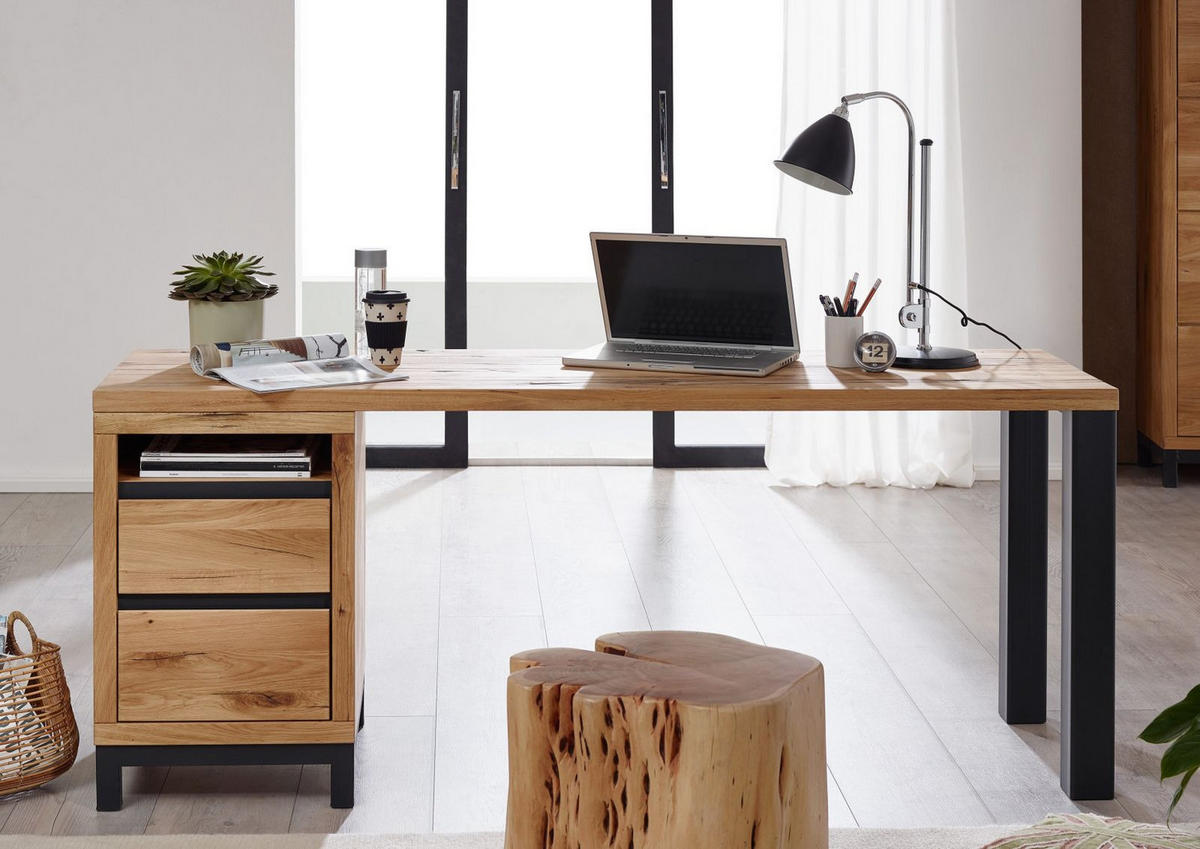 SCHREIBTISCH Wildeiche 220x55x76 natur geölt VILLANDERS #142 - Braun, Holz (55/220/76cm) - Massivmoebel24