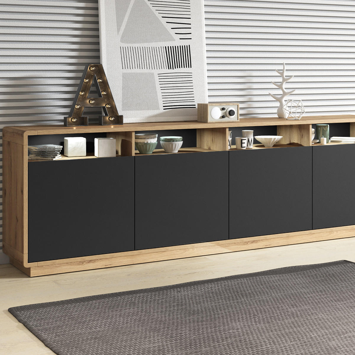 SIDEBOARD Raven Mattschwarz und Holz - Schwarz, Holzwerkstoff (238/75/40cm) - Petits-meubles