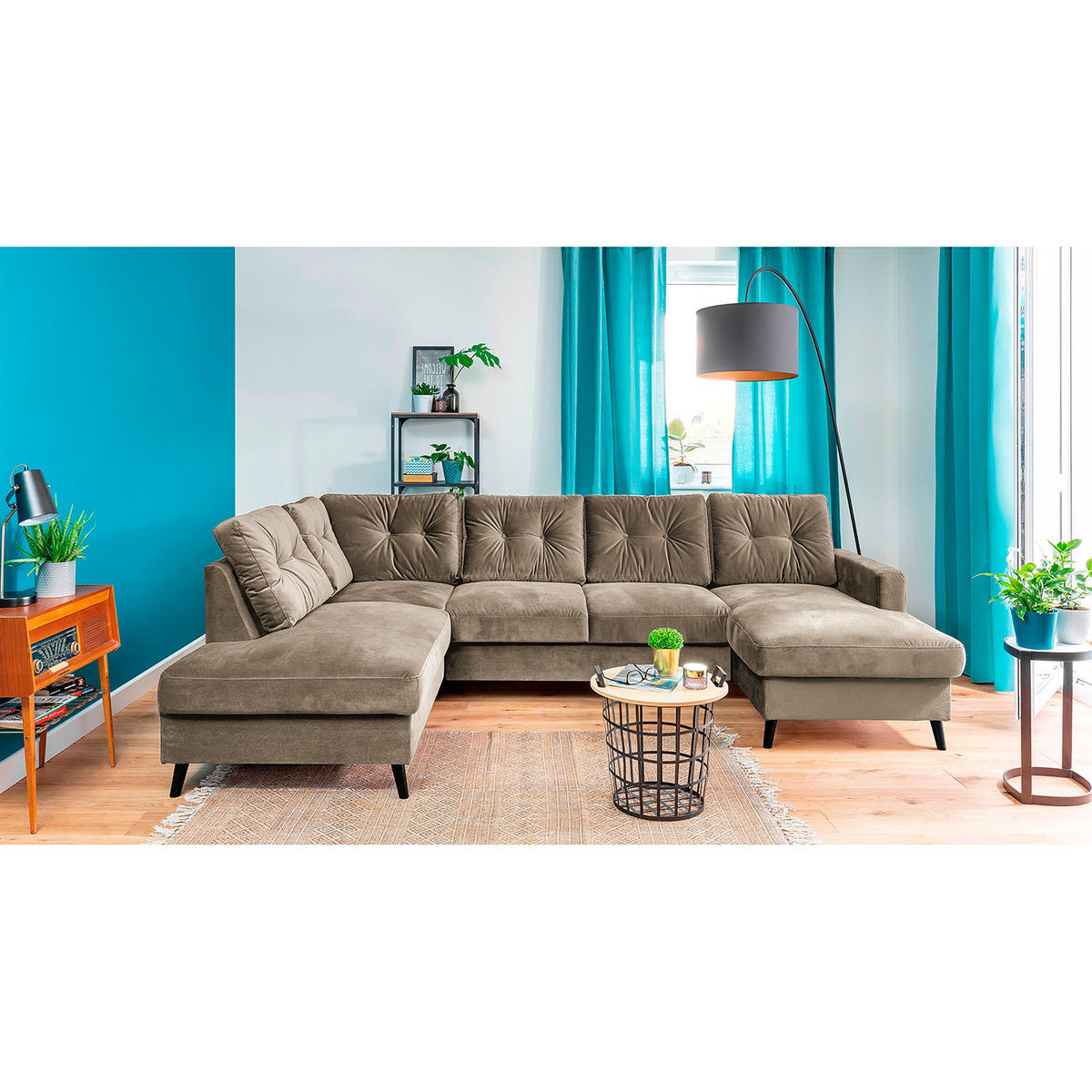 WOHNLANDSCHAFT mit Longchair - Schwarz/Cappuccino, Buchenholz/Textil (297/90/200cm) - home24