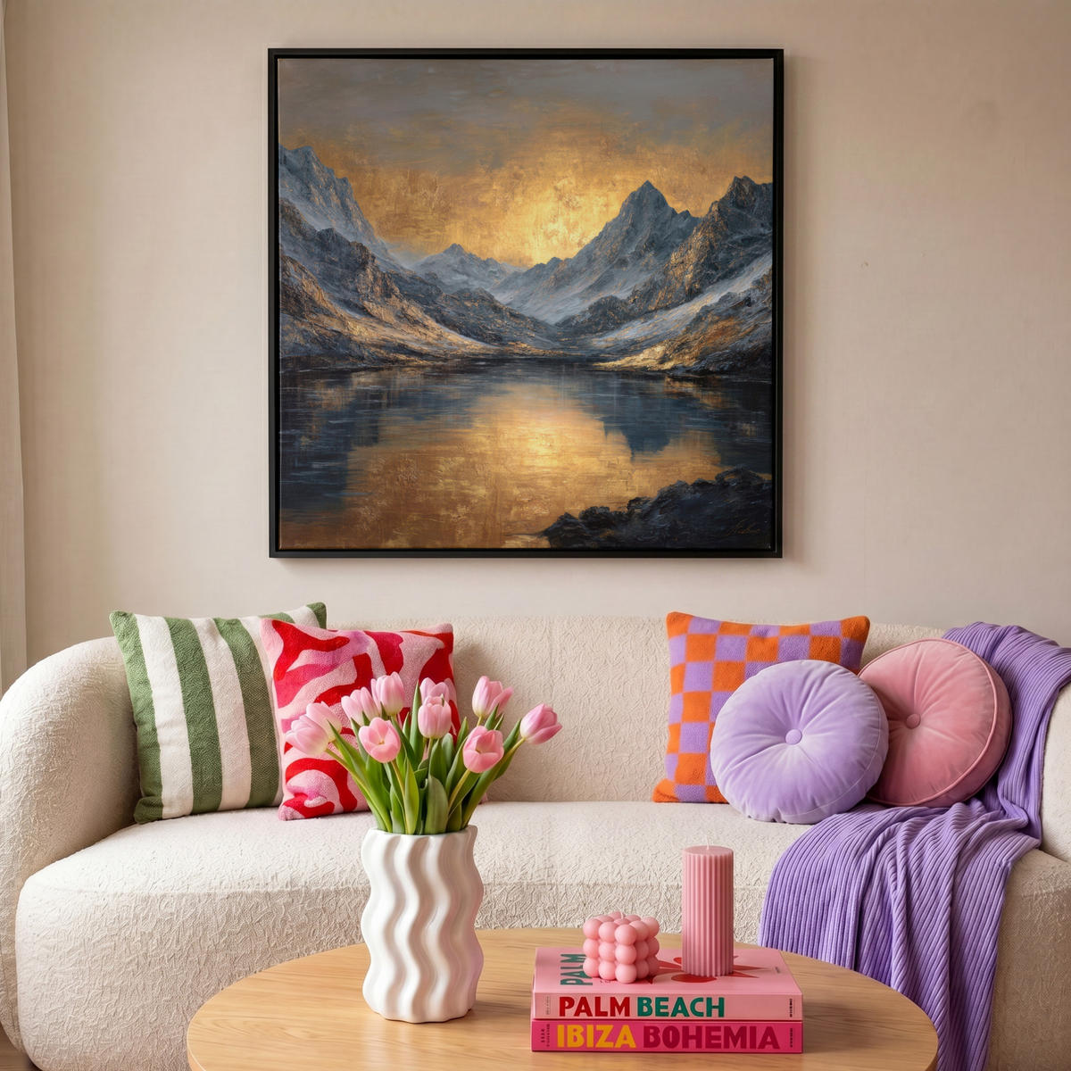 LEINWAND Bilder mit Rahmen - Bergkulisse mit goldenem Sonnenuntergang - 90x90 - Goldfarben, Textil (90/90cm) - MuchoWow