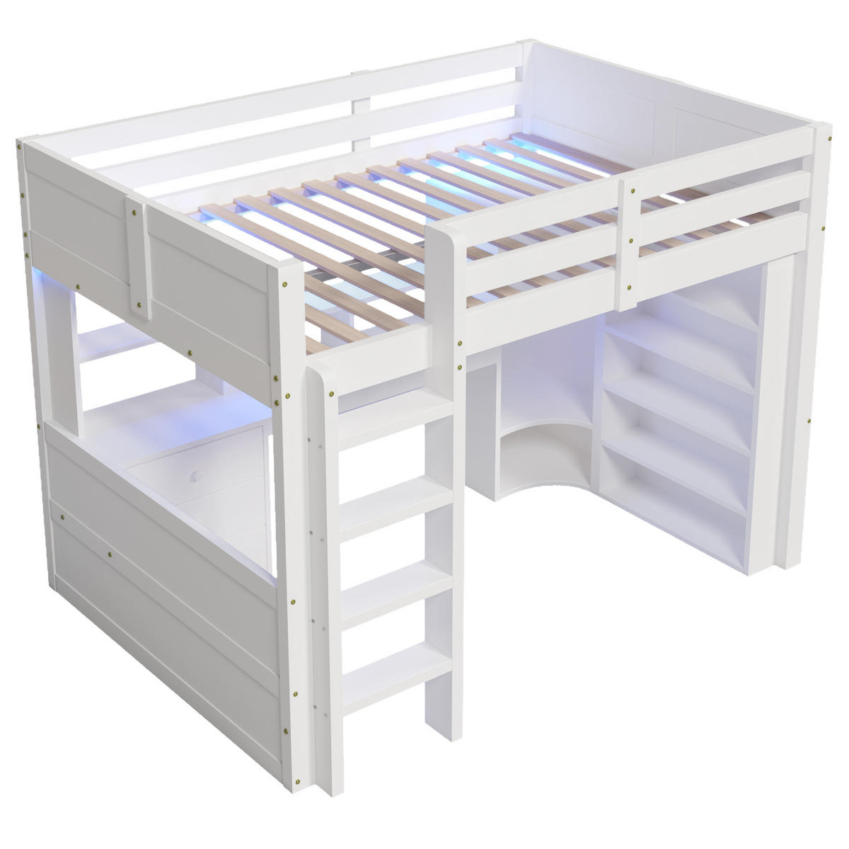 HOCHBETT mit LED-Leuchtleiste, Schreibtisch und Kleiderschrank, 140/200 cm, Weiß - Weiß, Holz (140/200cm) - MIVRAY