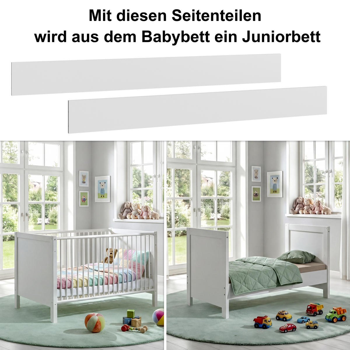 BABYZIMMER-ZUBEHÖR: Seitenteile B140/H19/T2 cm für Babybett zum Umbau als Juniorbett, Landhausstil Weiß / 22800-01 - Weiß, Holzwerkstoff/Metall - luma-home